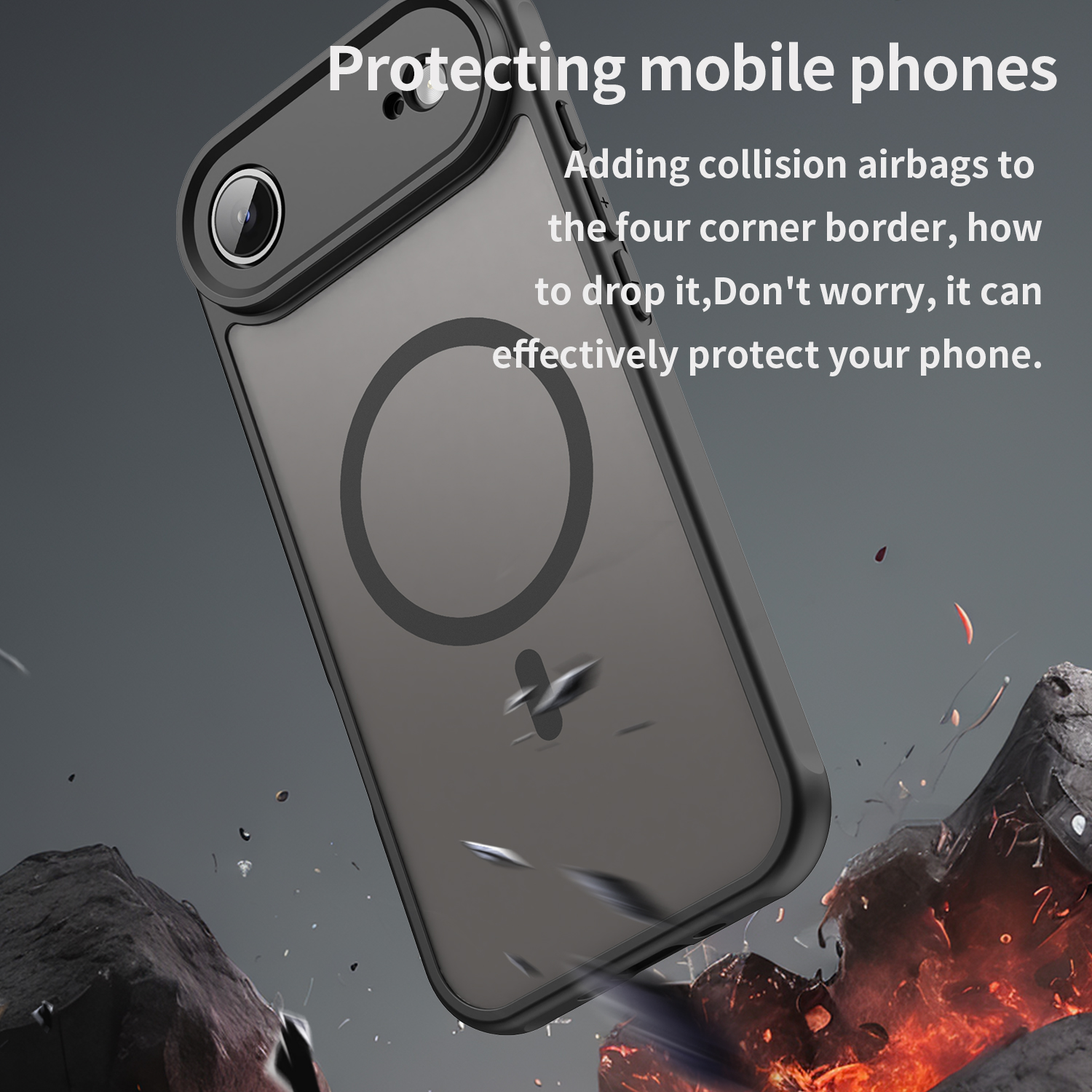 Eine Telefonhülle mit Kameralinse. Die Hülle ist schwarz und transparent. Der Hintergrund zeigt Trümmer und Feuer.