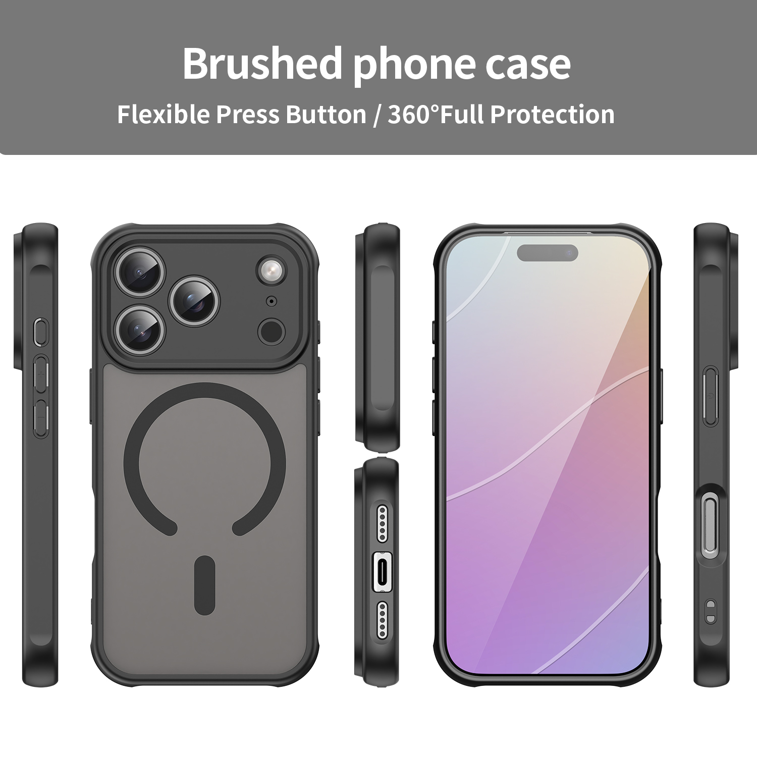 Eine schwarze Handyhülle mit Displayschutz. Die Hülle hat einen Magnetkreis und Tasten Details. Die Hülle schützt das Telefon.