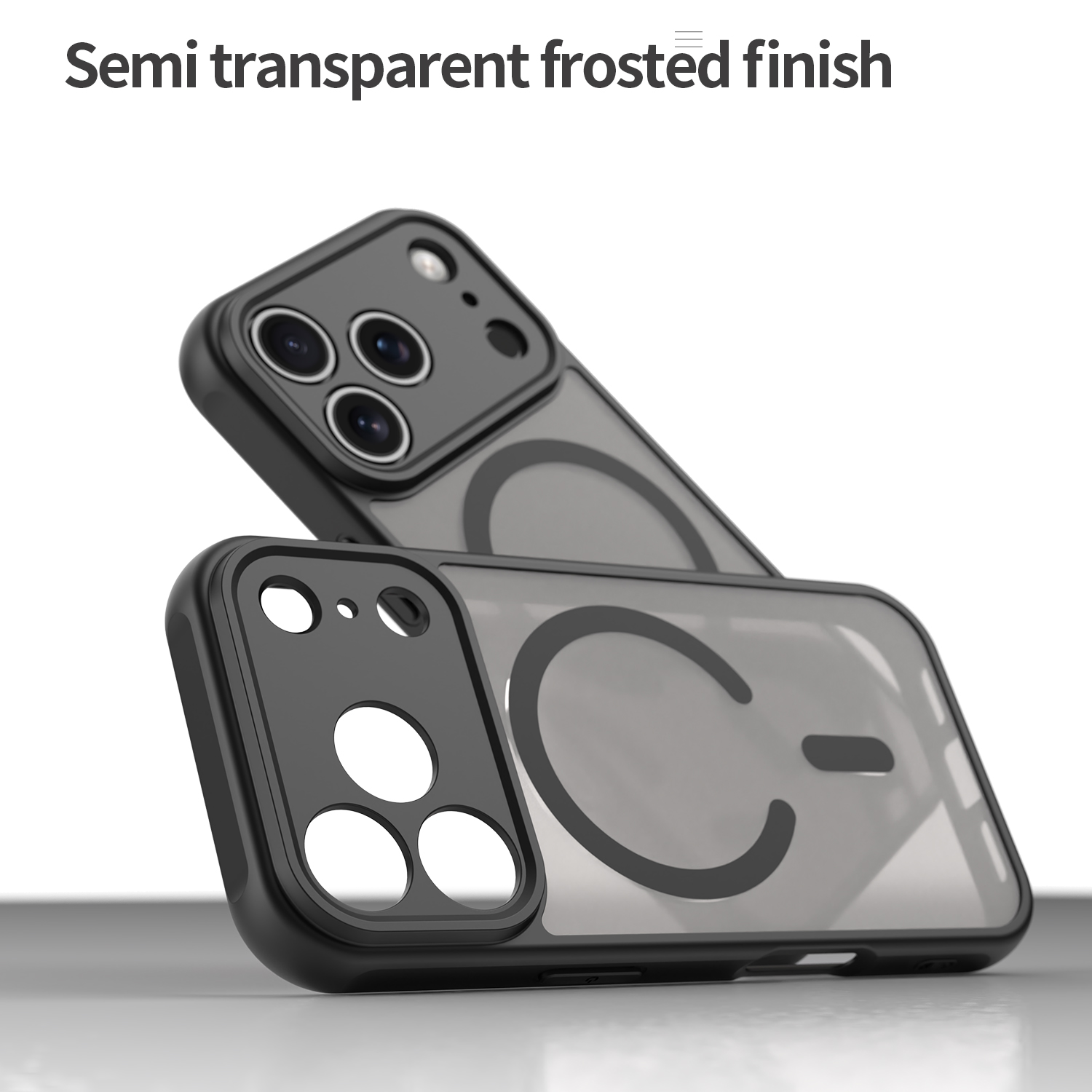 Zwei schwarze Handyhüllen, eine über der anderen. Die Hüllen sind teilweise transparent und zeigen ein "C". Der Hintergrund ist weiß.