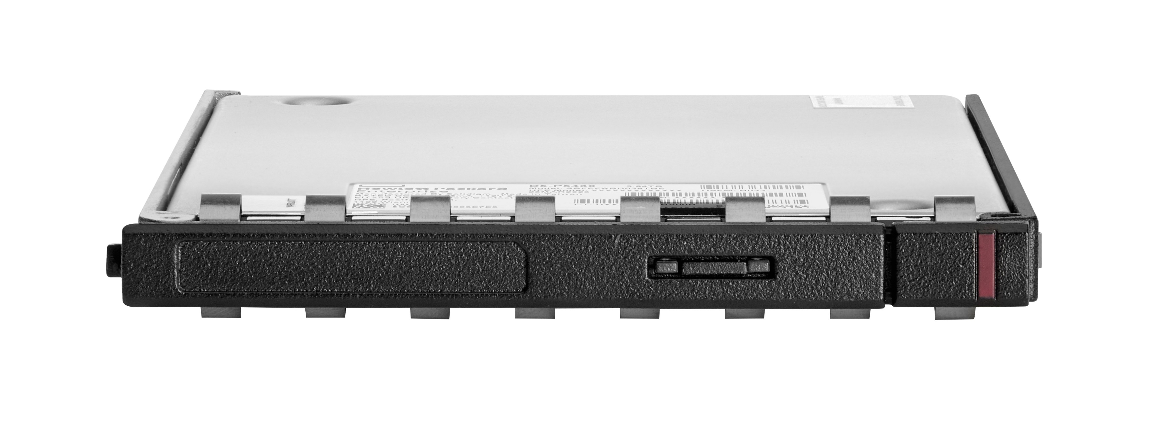 Un disco rigido Hewlett Packard argento e nero. Ha un frontale nero con un pulsante e una striscia rossa.