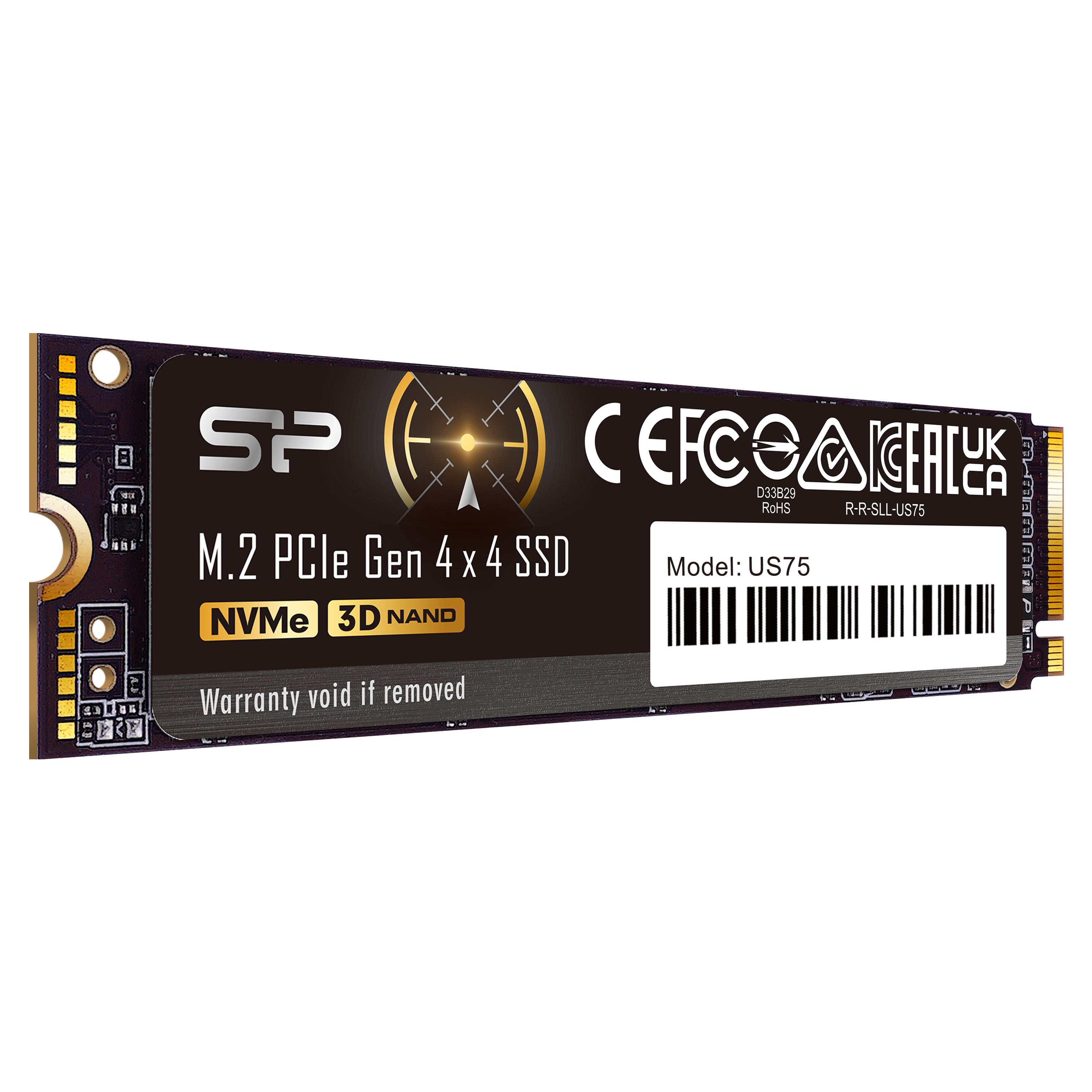 Dysk SSD M.2 PCIe Gen 4x4 z logo 'SP', szczegółami produktu, modelem US75 i certyfikatami.