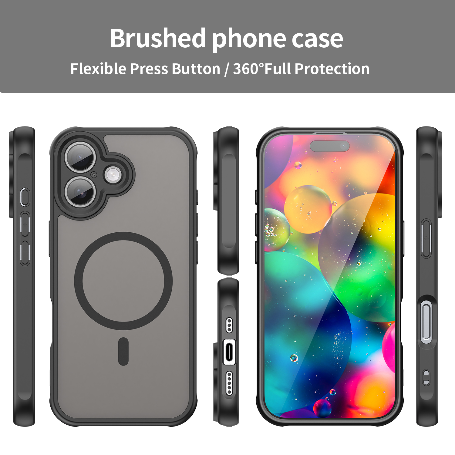 Eine schwarze Handyhülle mit transparentem Rücken und buntem, abstraktem Hintergrundbild wird aus verschiedenen Winkeln gezeigt. Es hat einen MagSafe-Kreis.