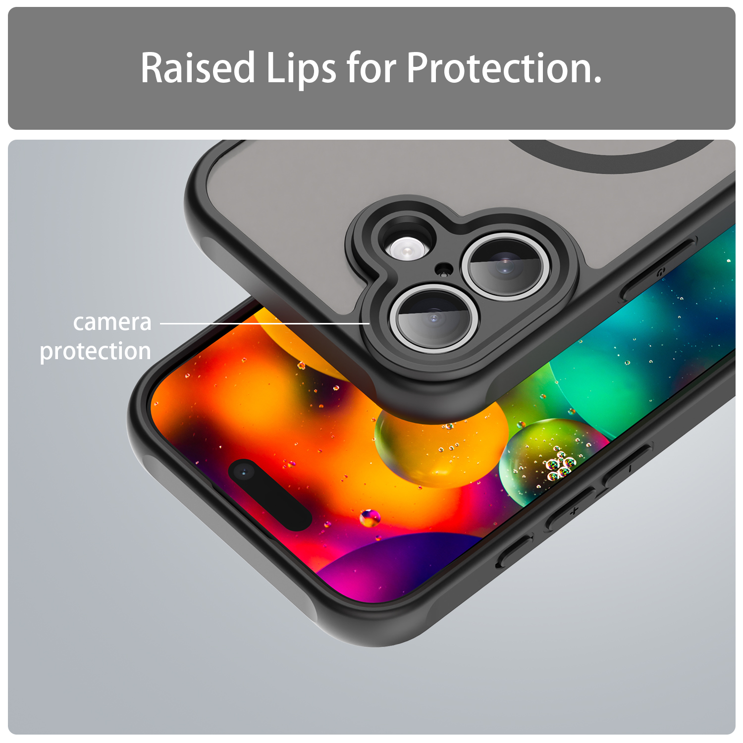 Eine Handyhülle mit erhöhten Lippen, die die Kamera schützt. Der Telefonbildschirm hat ein farbenfrohes, abstraktes Design. Schwarze Hülle mit grauen Akzenten.