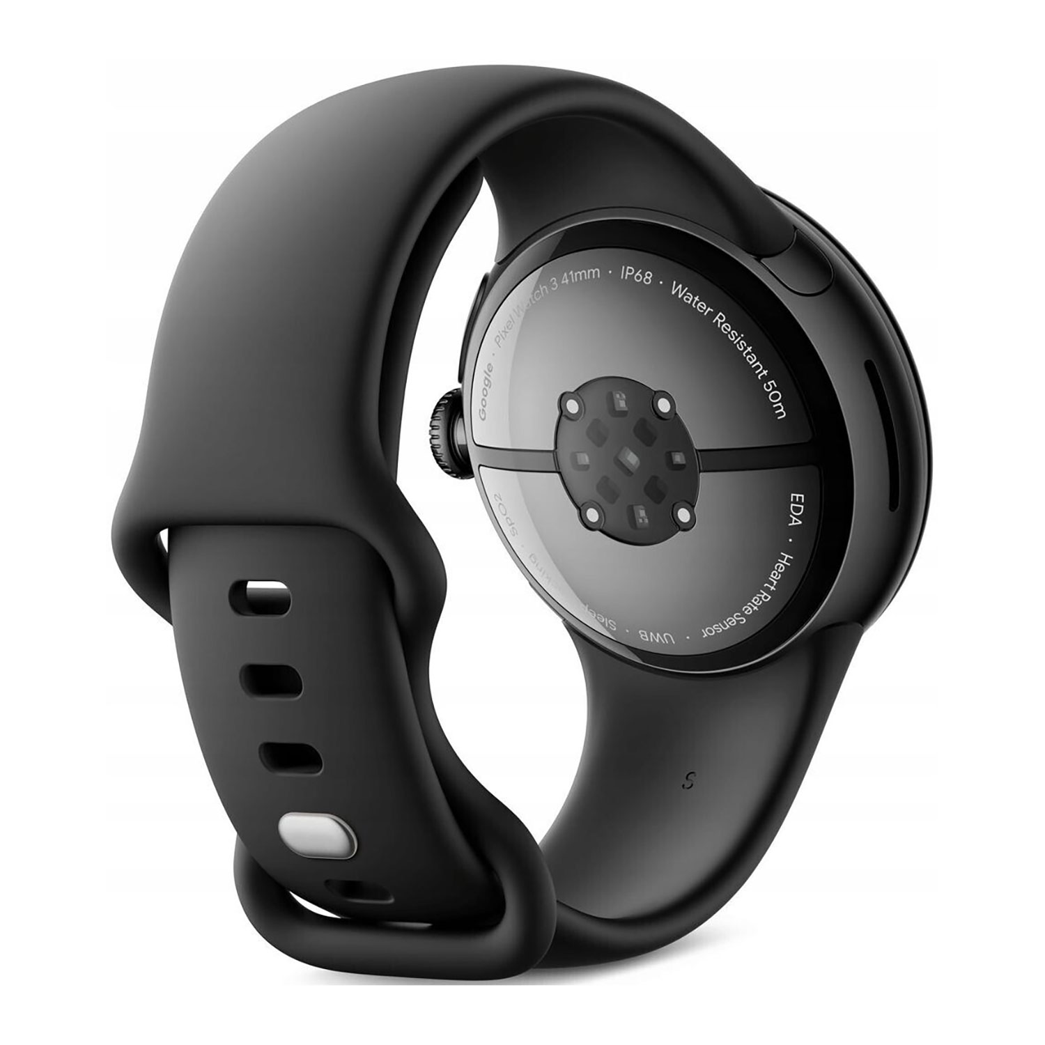 Czarny smartwatch z zakrzywionym paskiem. Szczegóły obejmują czujnik tętna, wodoodporność i specyfikacje techniczne na tylnej stronie.