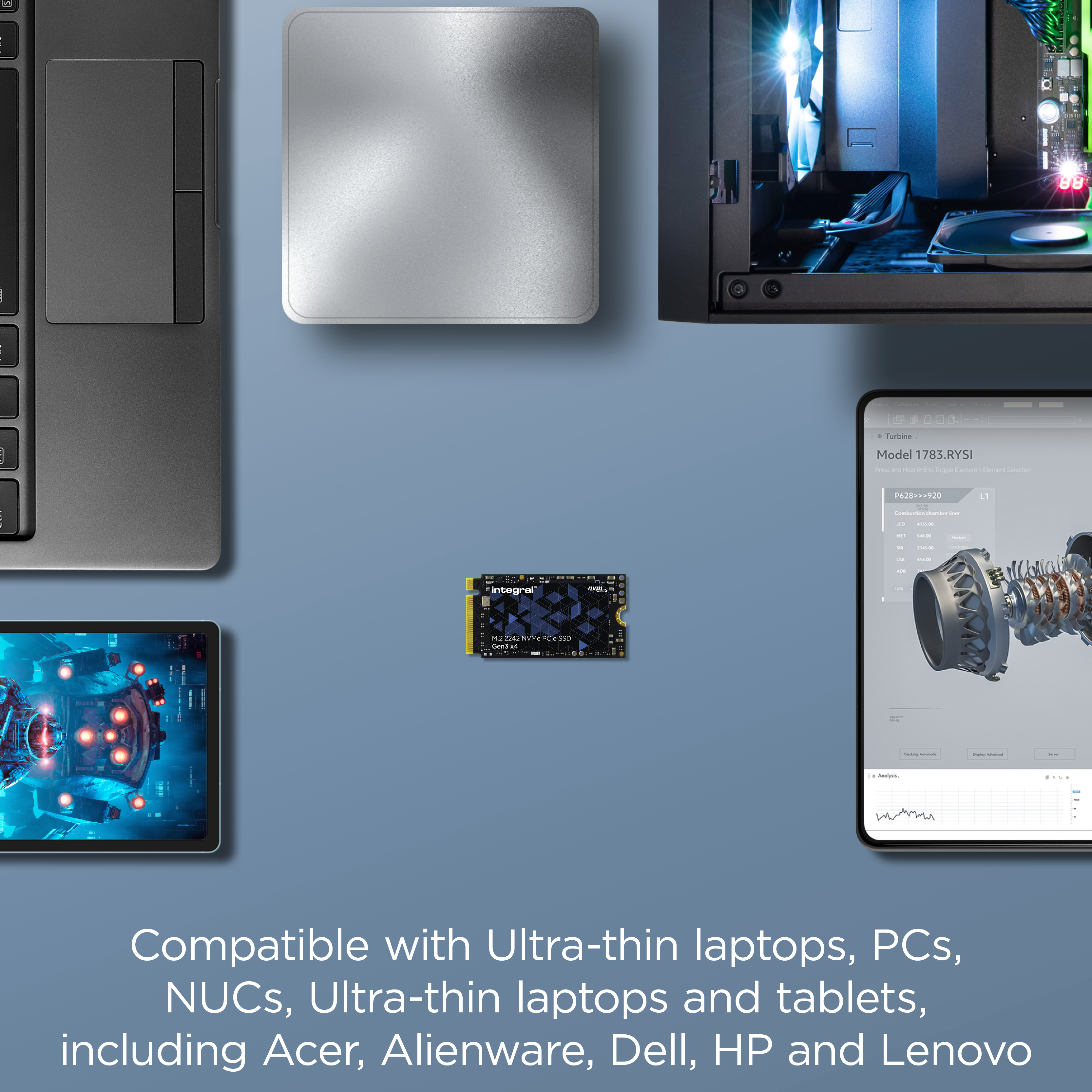 Configurazione tecnologica con laptop, componenti PC, tablet e oggetto quadrato argentato su sfondo blu.