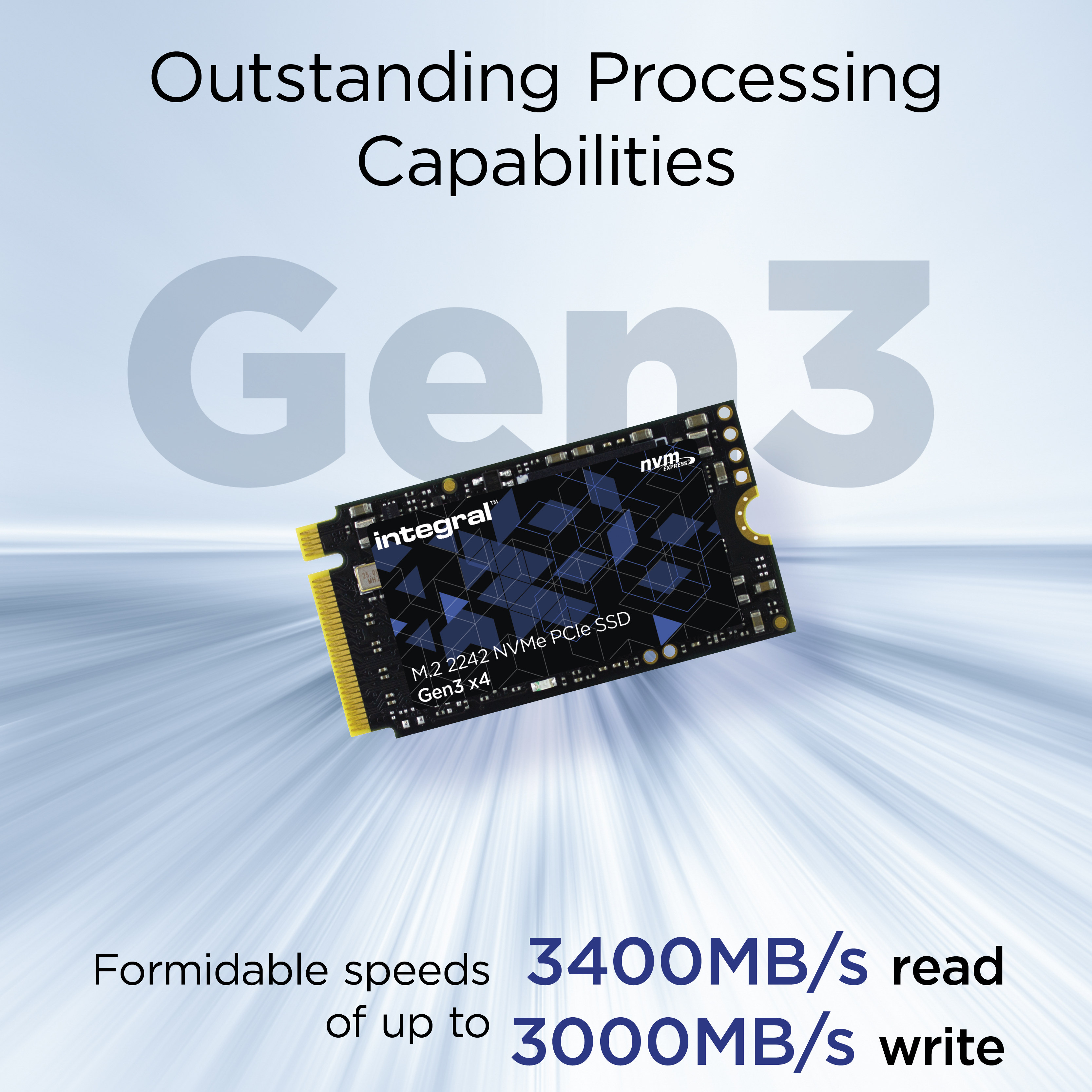 Un SSD M.2 con testo: Capacità di elaborazione eccezionali, Gen3, velocità formidabili, 3400MB/s in lettura e 3000MB/s in scrittura.