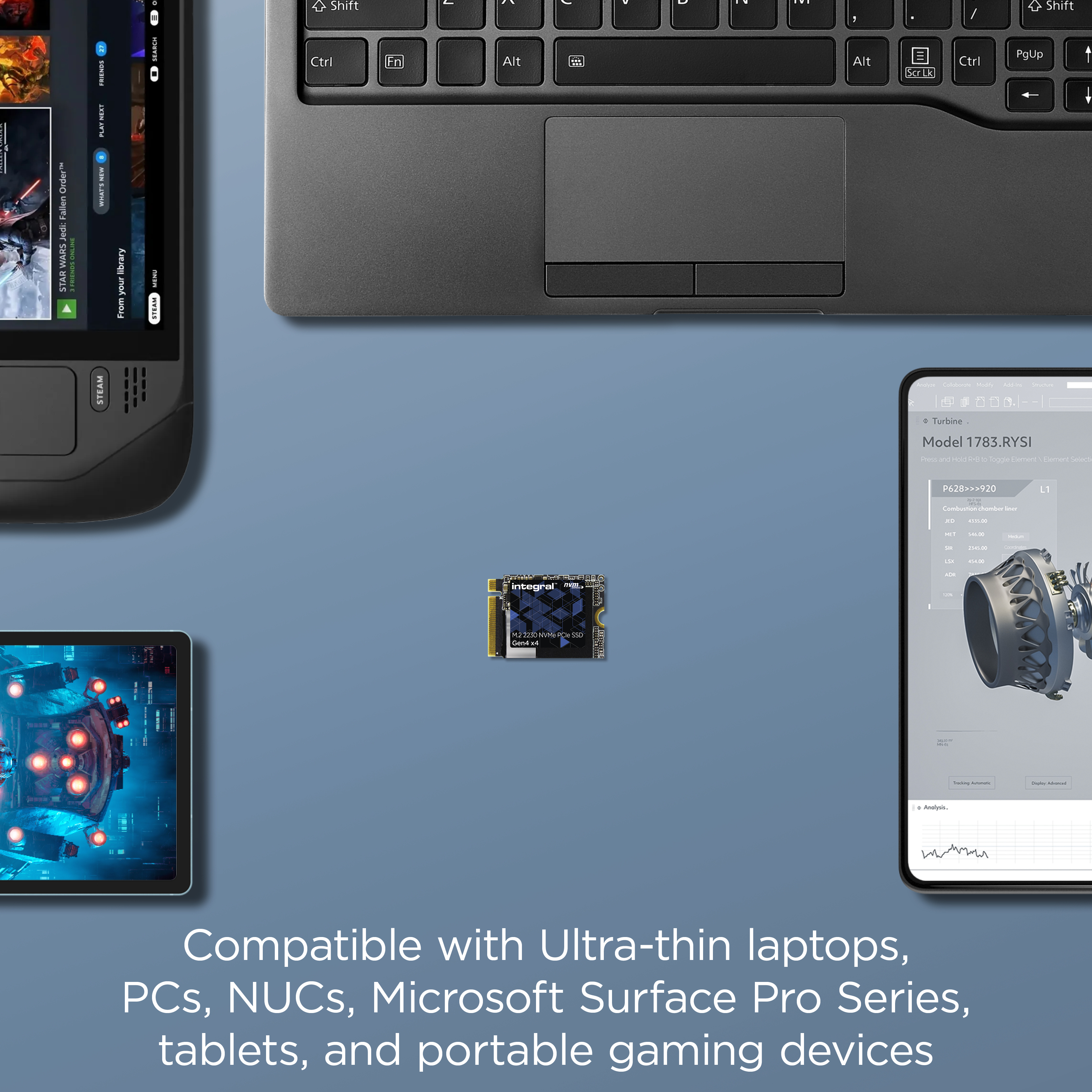 Laptop, przenośna konsola do gier, tablet i telefon są wyświetlane na niebieskiej powierzchni z chipem.