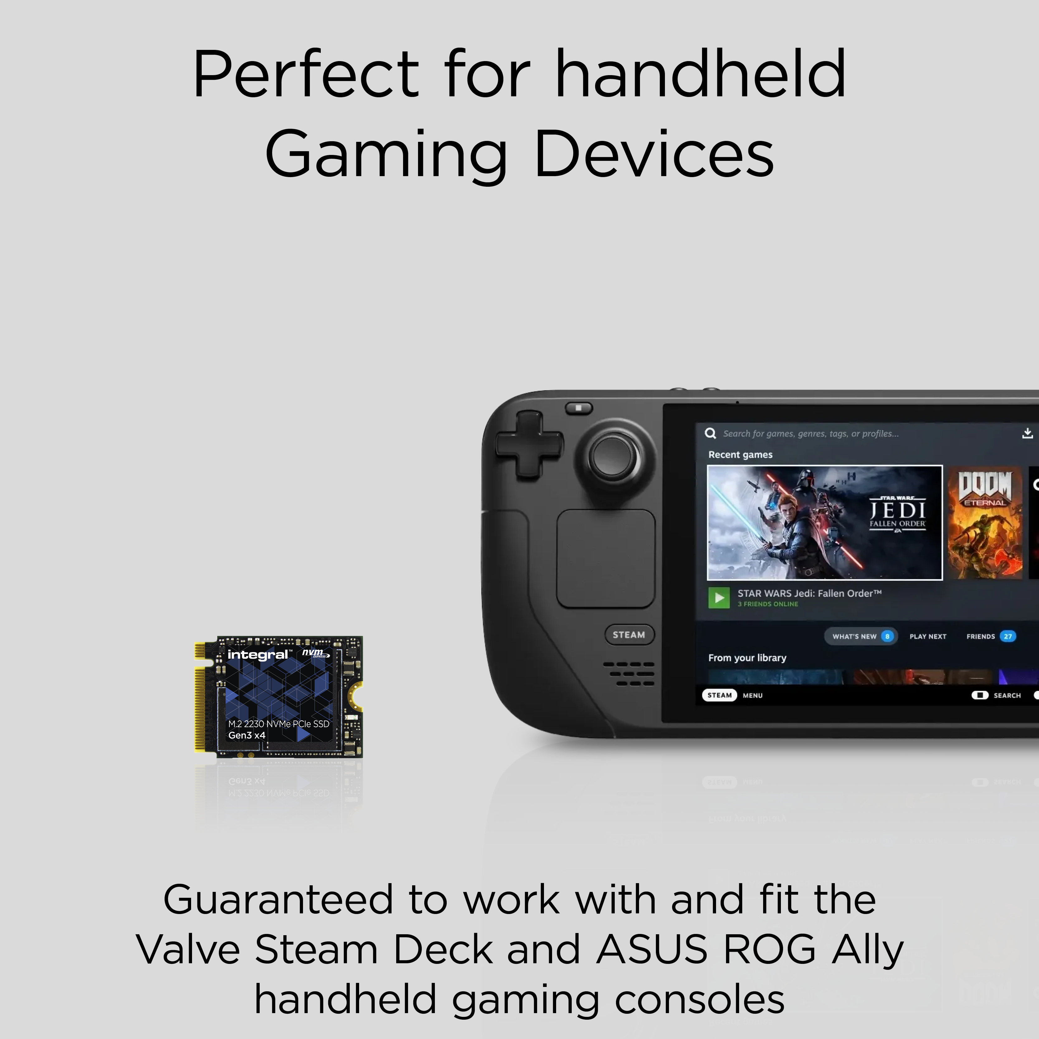 Ein schwarzes Handheld-Gaming-Gerät mit Bildschirm, der Spieloptionen anzeigt, und eine separate SSD-Karte. Text: Perfekt für Handheld-Geräte.