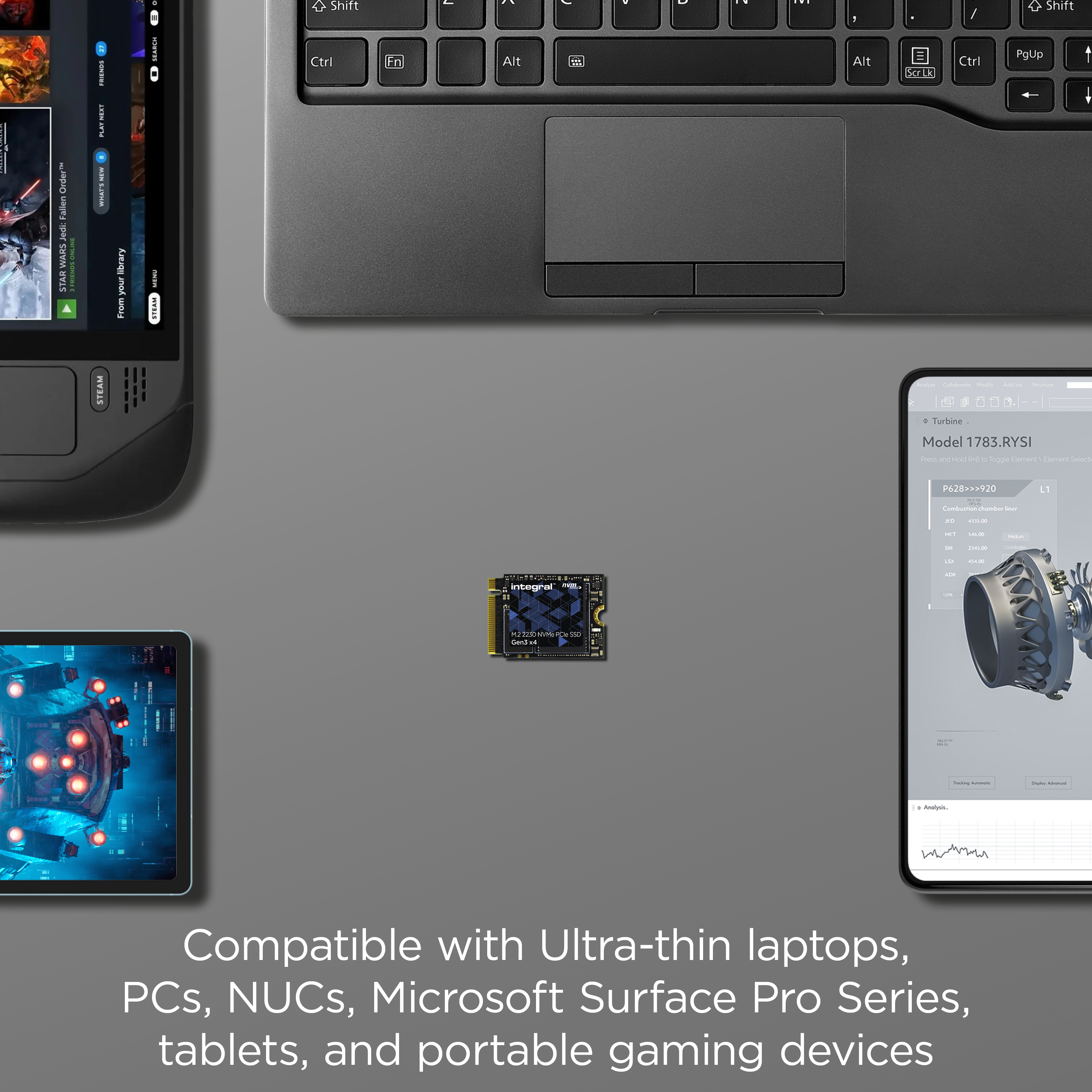 Ein Laptop, ein Steam Deck, ein Tablet und ein Telefon liegen auf einer grauen Oberfläche. In der Mitte befindet sich eine kleine SSD.