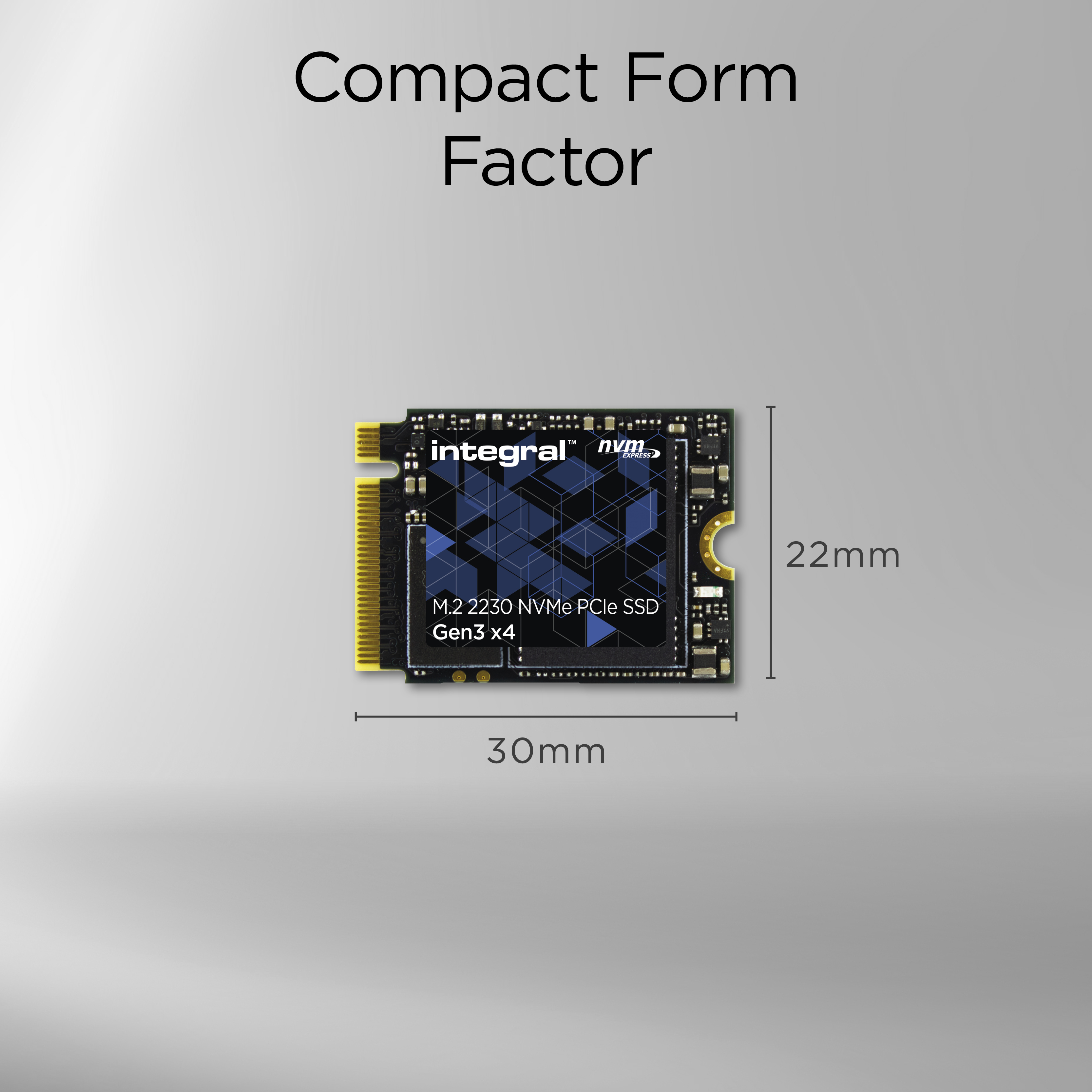 Das Bild zeigt eine schwarze und goldene SSD mit Text und Abmessungen: 30 mm x 22 mm. Der Hintergrund ist grau mit dem Text 'Compact Form Factor'.