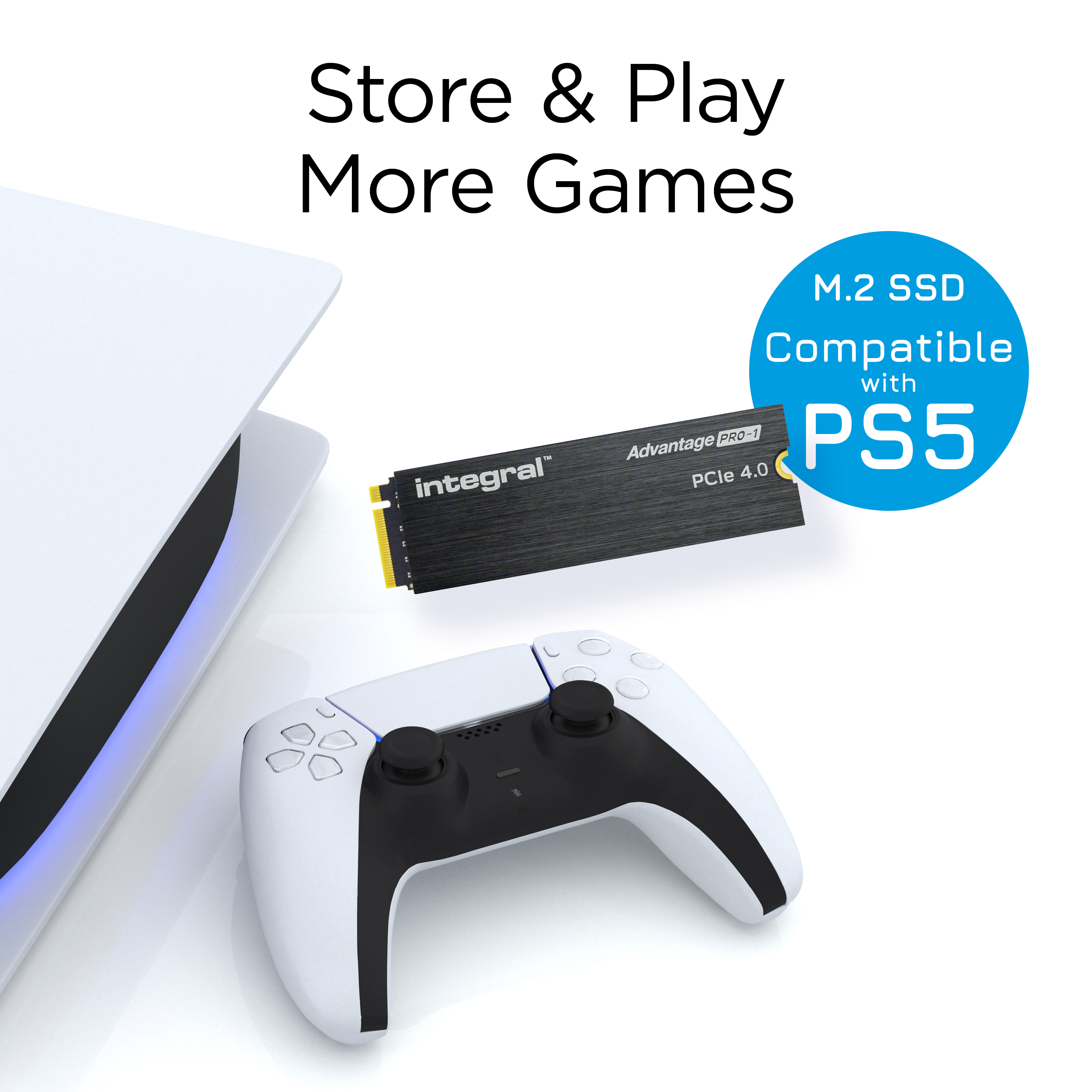 Una console PS5 bianca, un controller e un SSD M.2. Il testo dice 'Store & Play More Games' e 'Compatible with PS5'.