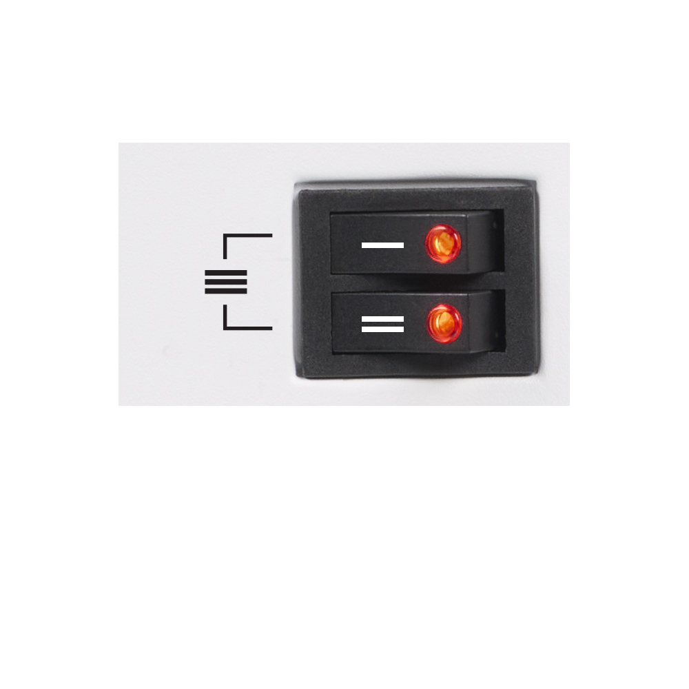 Twee zwarte schakelaars met controlelampjes. Elektrisch symbool links. Eén schakelaar staat aan. De andere staat uit. Witte achtergrond.
