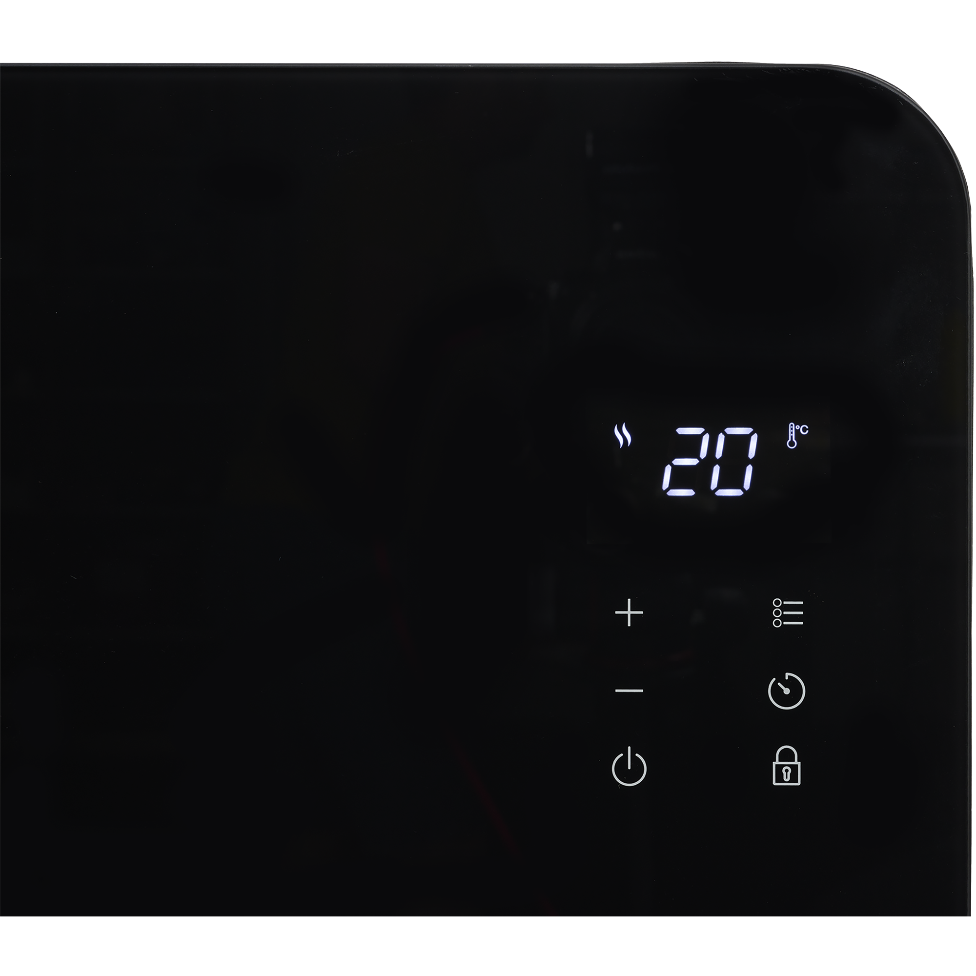 Zwart paneel met digitaal display 20°C. Bedieningsiconen: aan/uit, plus, min, timer en slot.