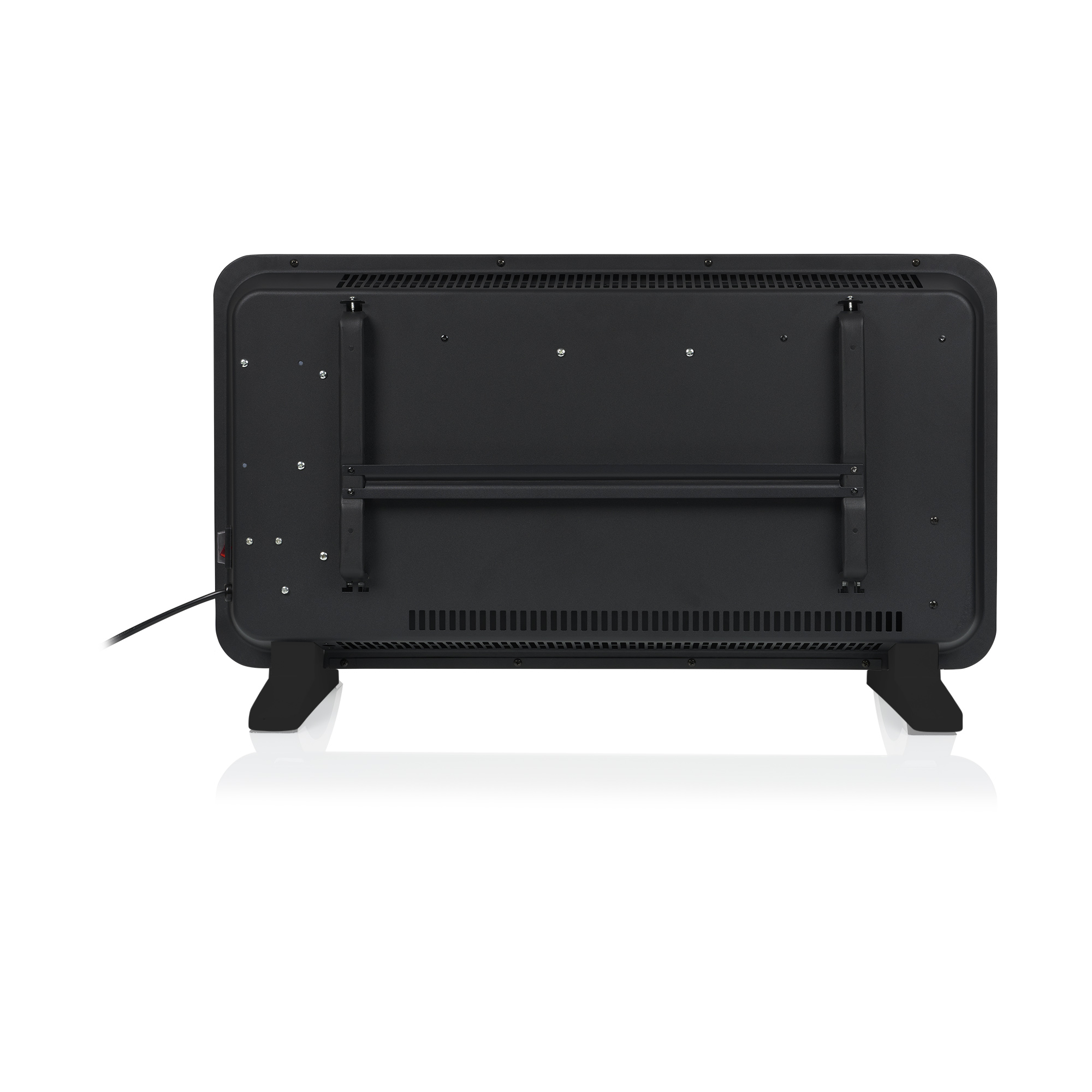 Zwarte elektrische kachel met handvat en poten. Achterpaneel heeft ventilatiesleuven en snoer.