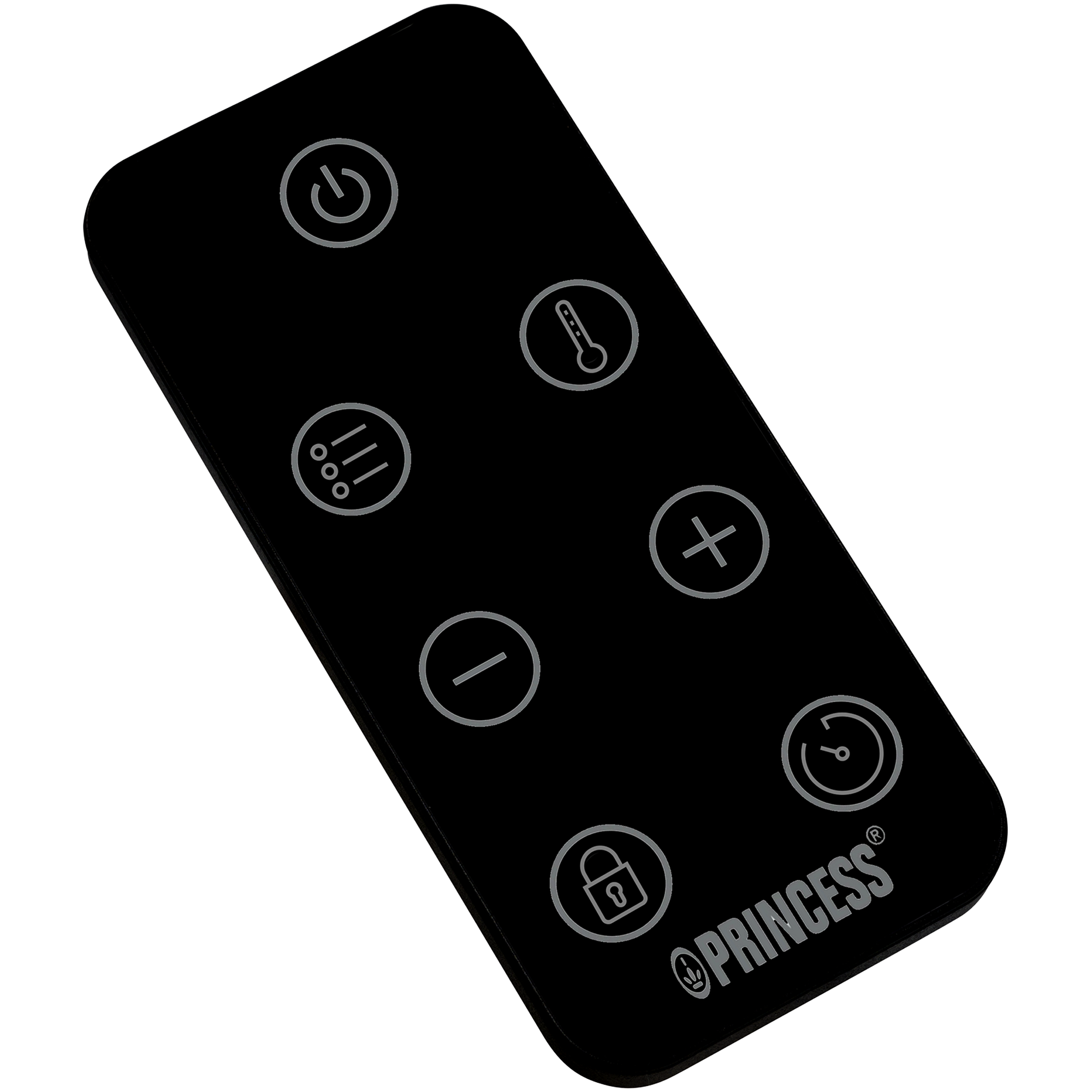 Zwarte afstandsbediening met symbolen voor stroom, temperatuur en timer. Princess-logo onderaan.