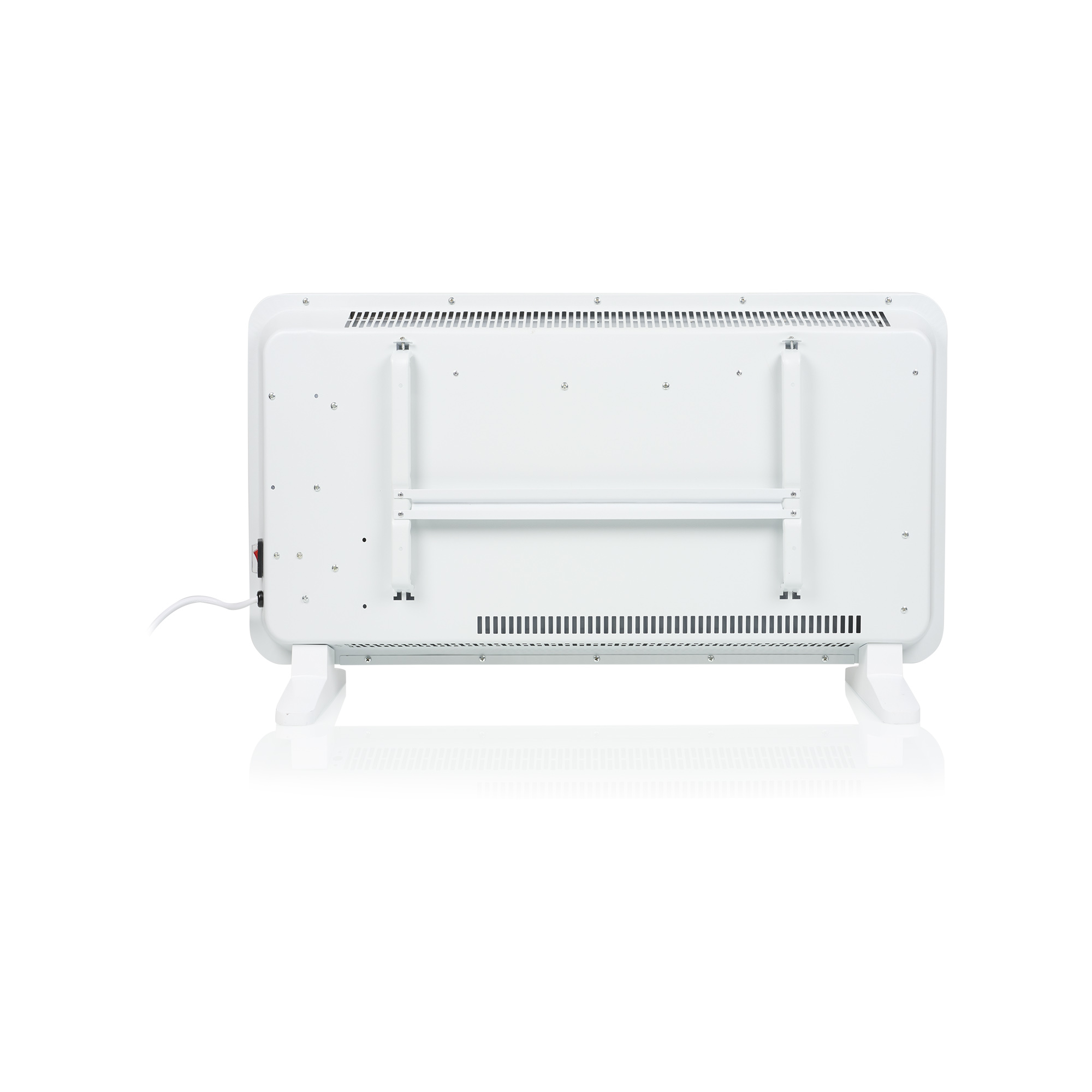 Achteraanzicht van een witte elektrische kachel. Het heeft een rechthoekige vorm, met een netsnoer en twee poten.