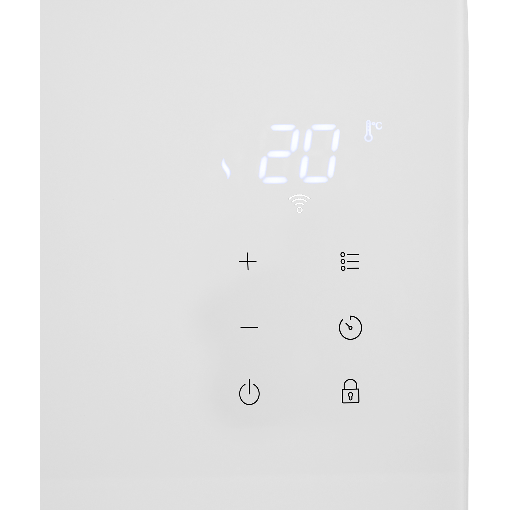 Wit paneel met digitale display met 20 graden Celsius. Heeft WiFi symbool, plus, min, menu, timer, stroom en slot iconen.