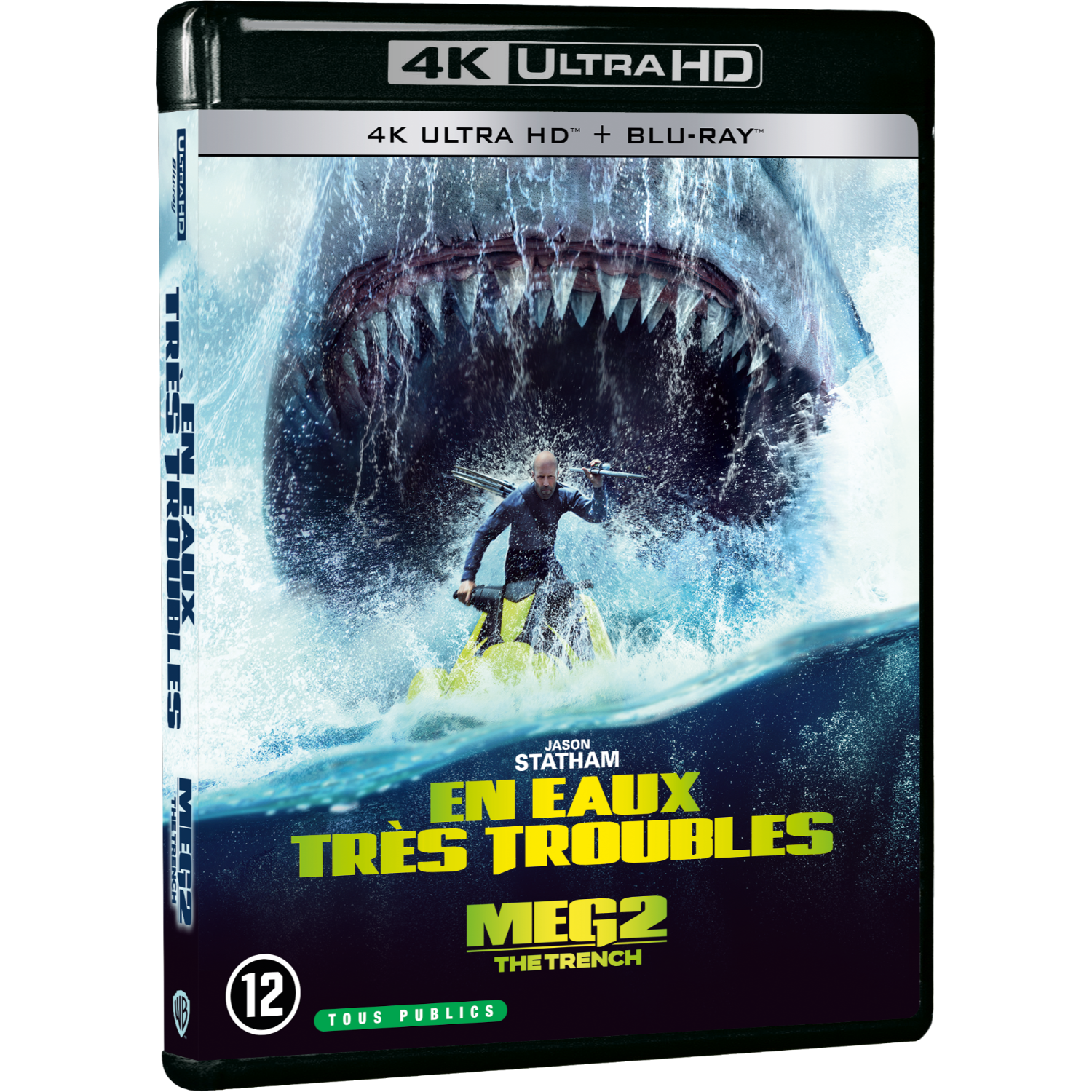 Filmposter: Een man op een jetski staat tegenover een gigantische haai. Titel: Meg 2: The Trench. De naam van Jason Statham is zichtbaar.