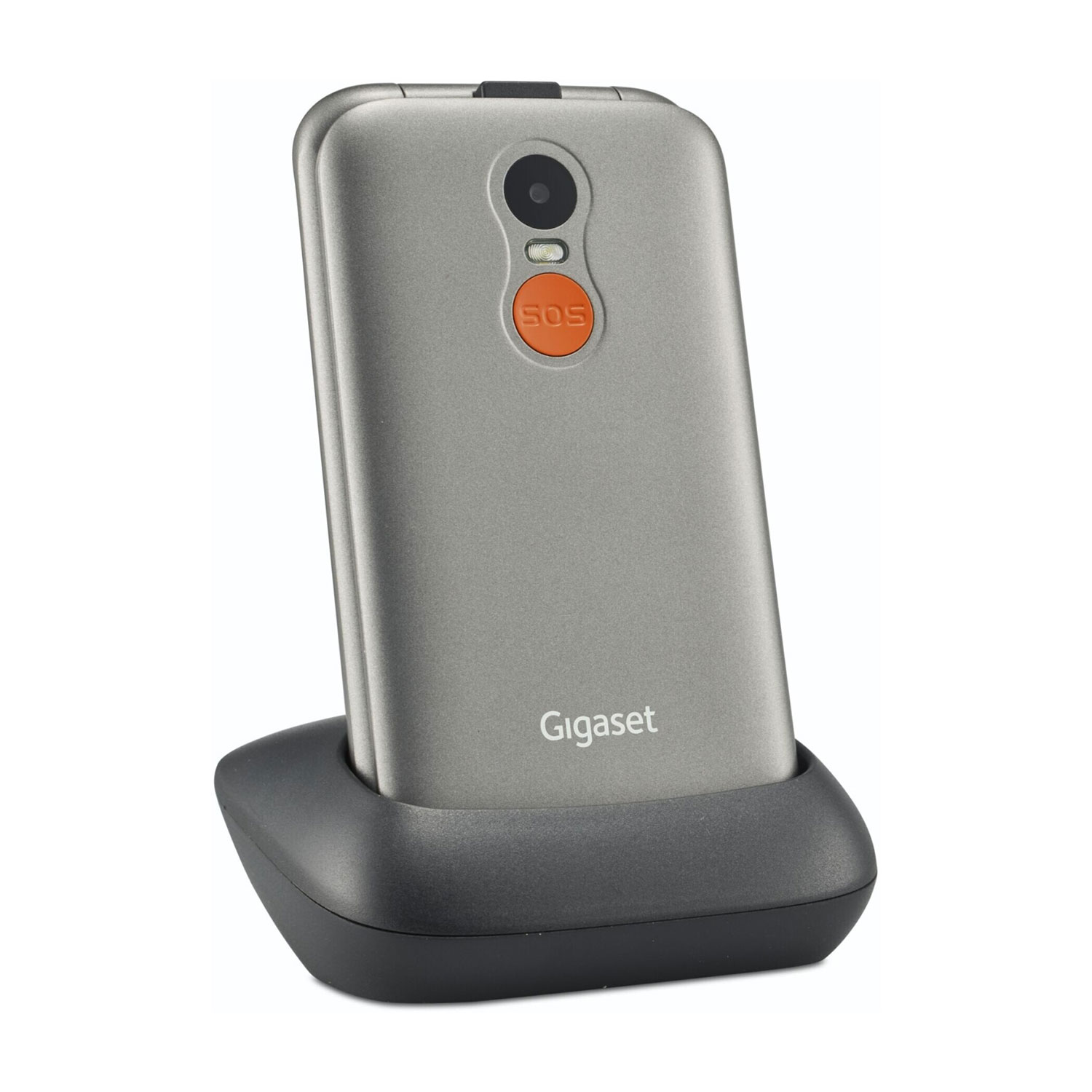 Ein silbernes Gigaset-Telefon auf schwarzer Basis. Eine orangefarbene SOS-Taste ist sichtbar. Das Telefon ist leicht geneigt.