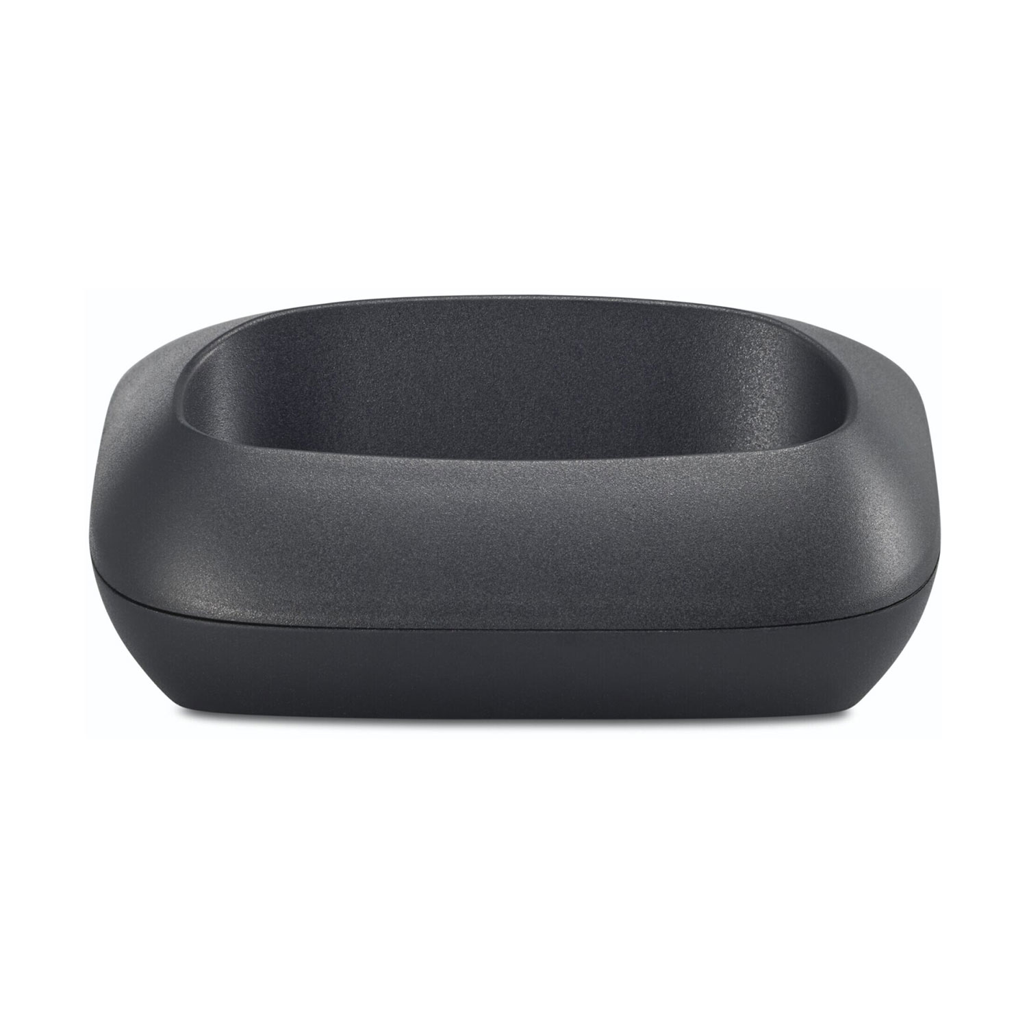 Ein dunkelgrauer, rechteckiger Behälter mit abgerundeten Ecken. Es hat eine glatte Außenseite und ein vertieftes Inneres.