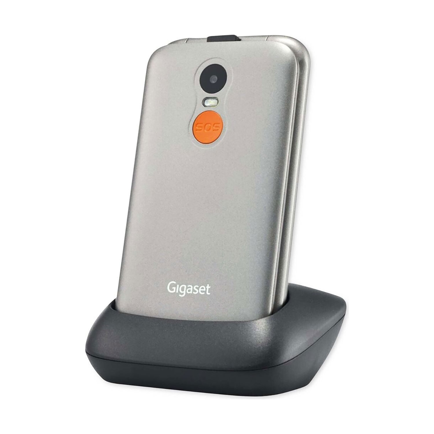 Ein silbernes Gigaset-Telefon steht in einer dunkelgrauen Ladeschale. Es hat eine orangefarbene SOS-Taste und ein Kameraobjektiv.