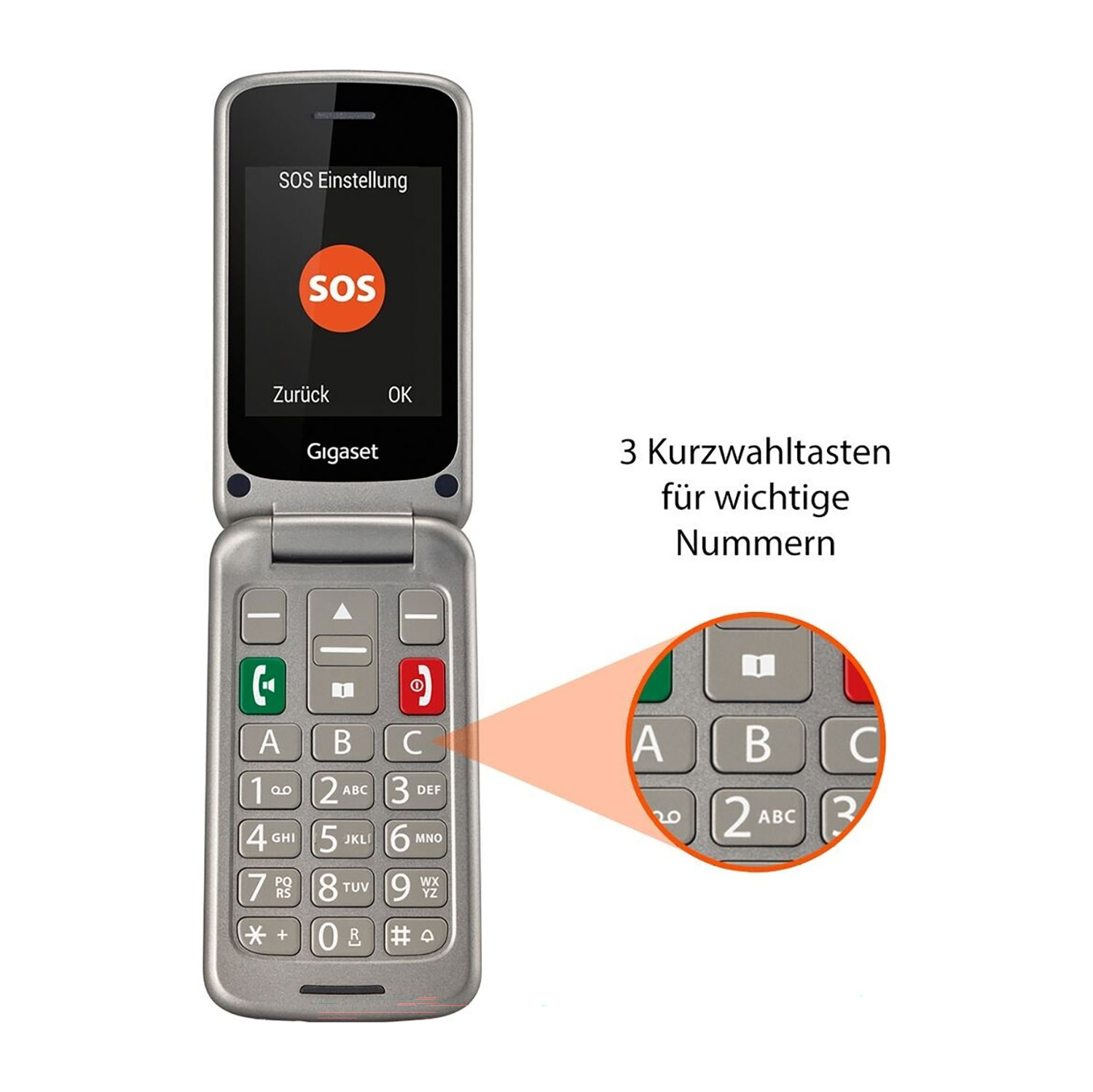 Ein silbernes Klapphandy ist geöffnet und zeigt ein SOS-Menü an. Es hat große Tasten und eine vergrößerte Ansicht der Kurzwahltasten.