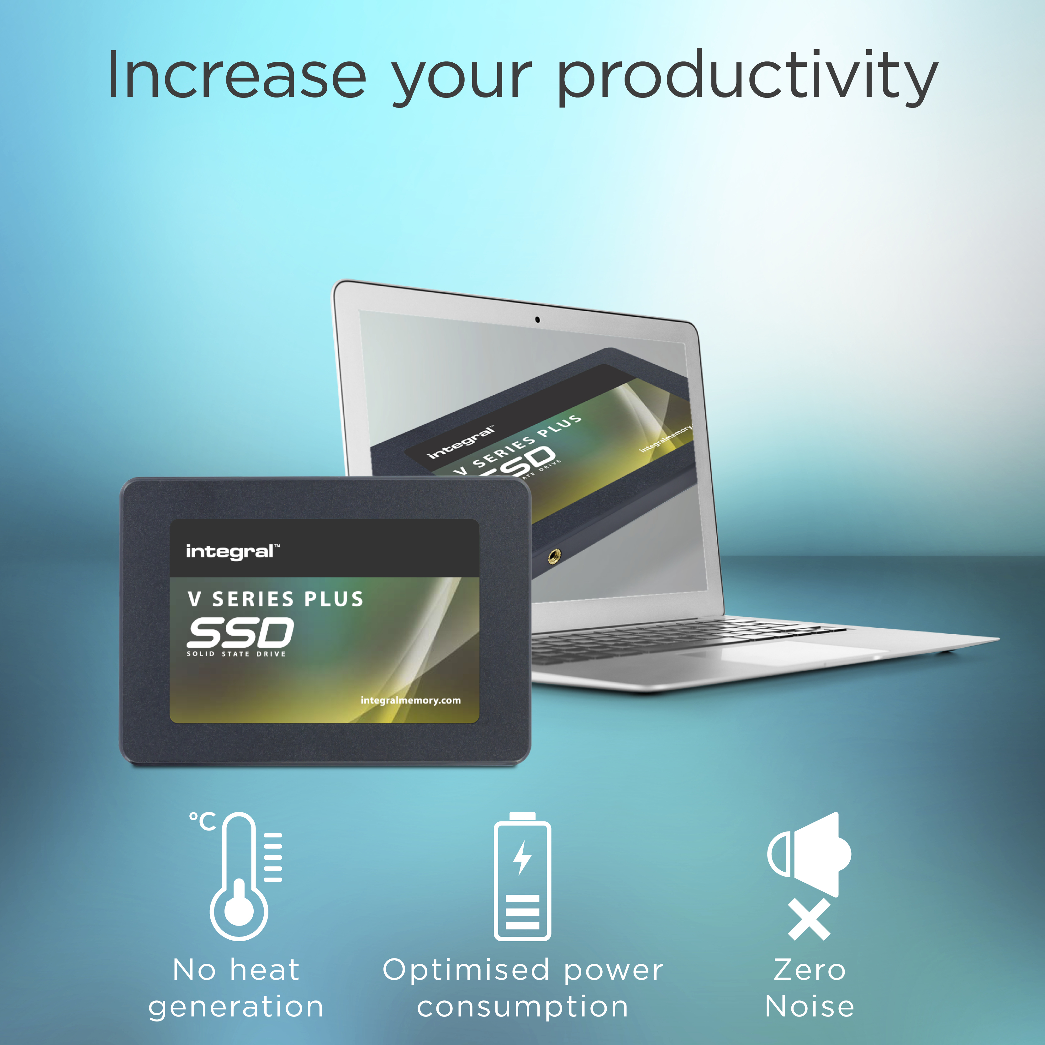 Dysk SSD i laptop na niebieskim tle. Tekst: Zwiększ swoją produktywność. Cechy: Brak ciepła, zoptymalizowana moc, zero hałasu.