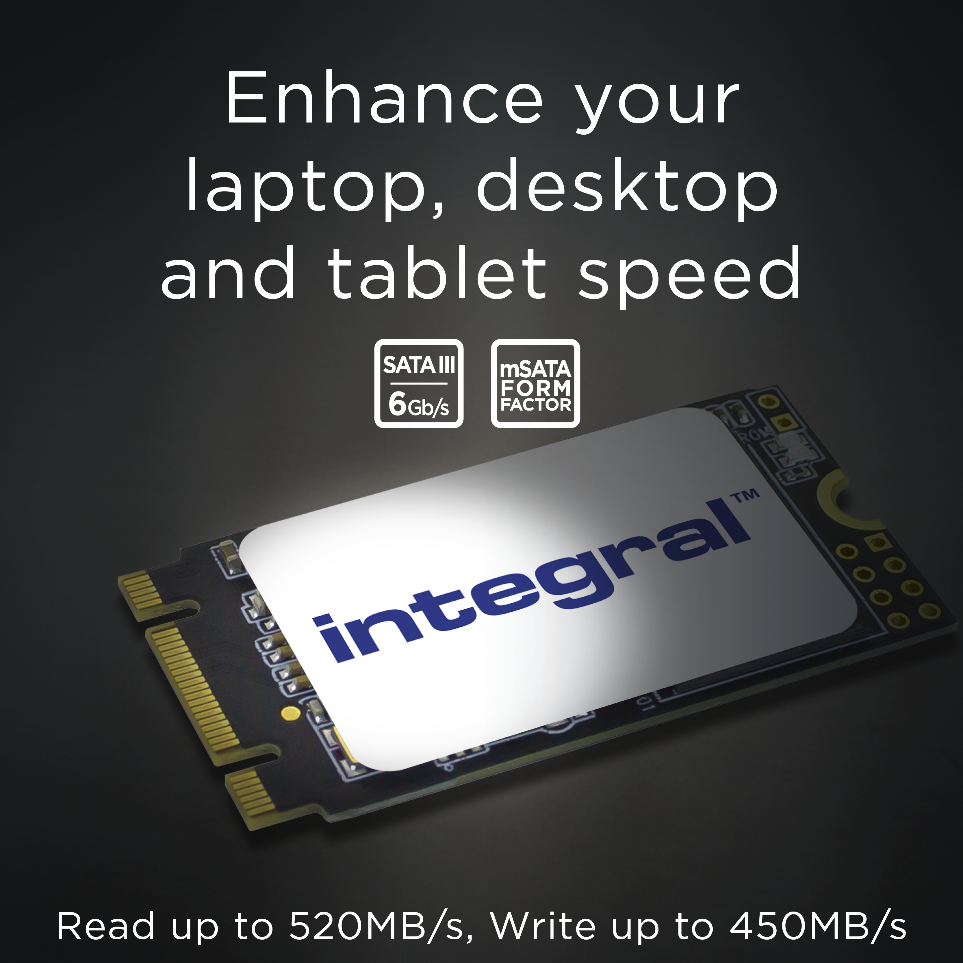 Eine SSD-Karte mit dem Logo 'integral' wird gezeigt. Text: 'Verbessern Sie die Geschwindigkeit Ihres Laptops, Desktops und Tablets'.