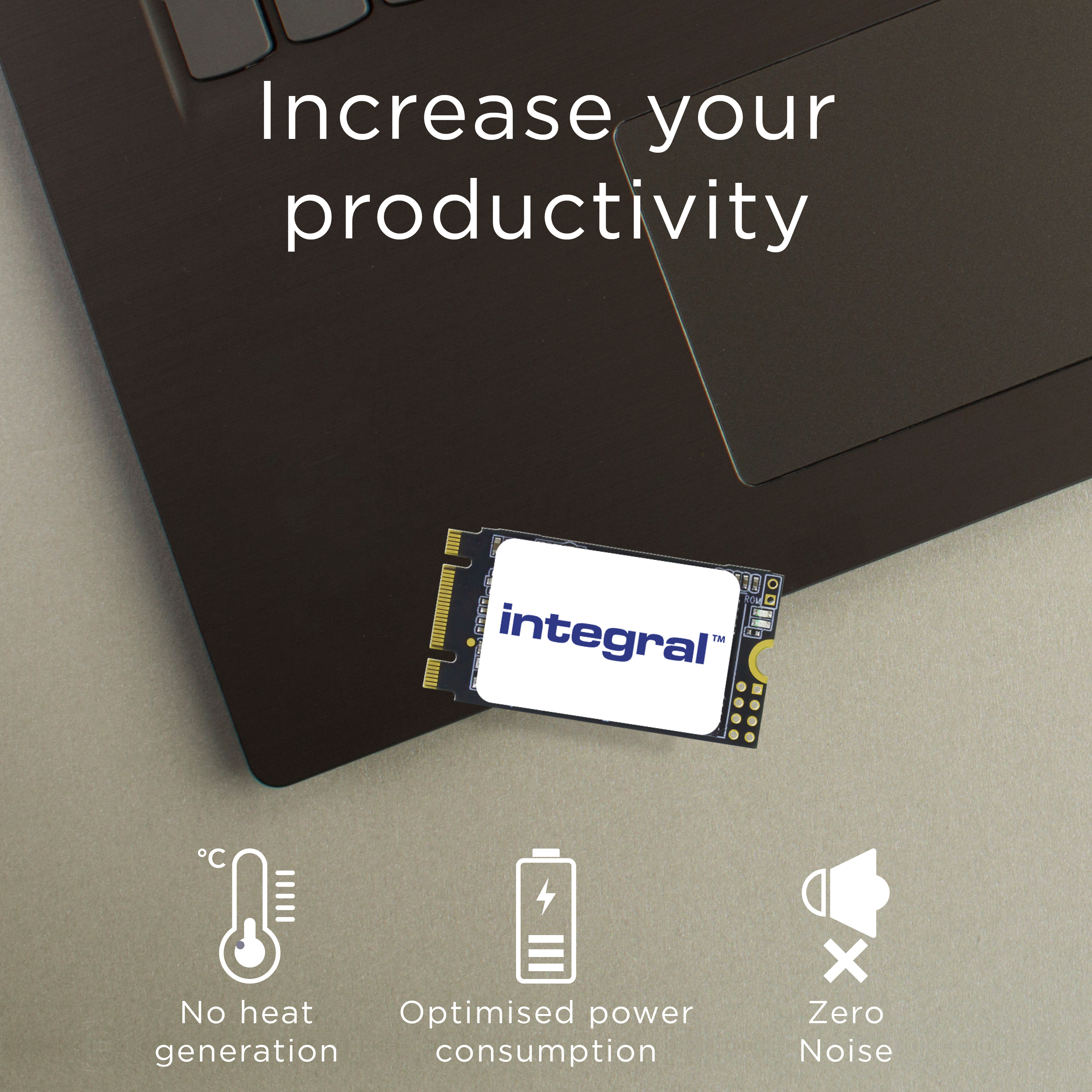 Ein Laptop mit Integral-SSD-Karte. Text: Steigern Sie Ihre Produktivität. Icons für Funktionen werden gezeigt.