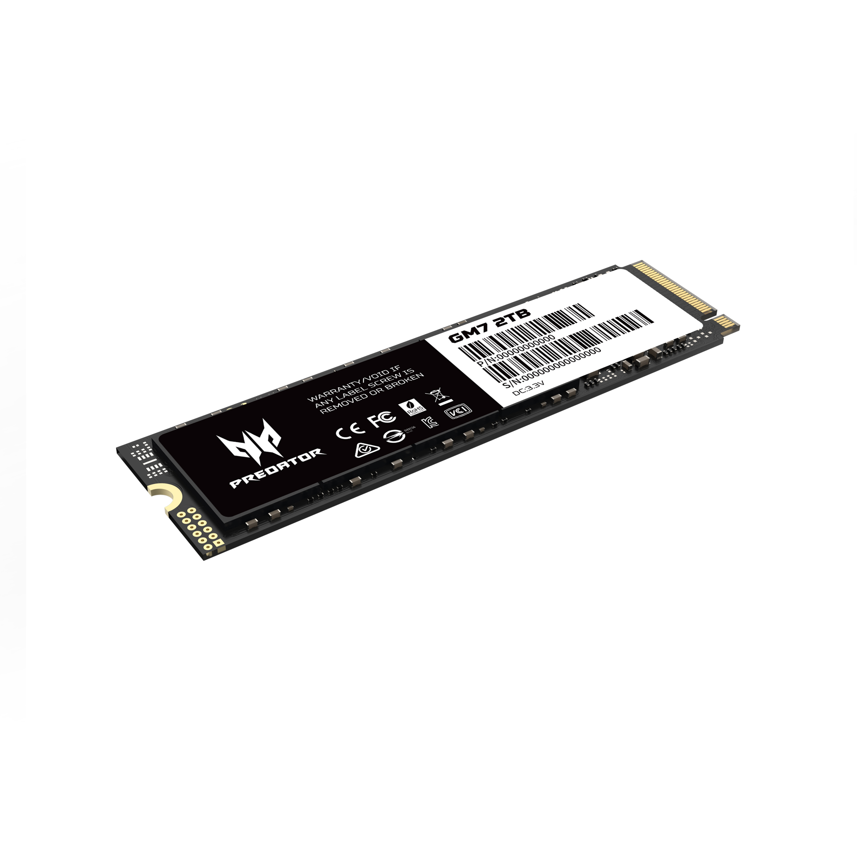Eine M.2-SSD-Festplatte mit weißem und schwarzem Design. Sie hat das Predator-Logo und den Text GM7 2TB oben.