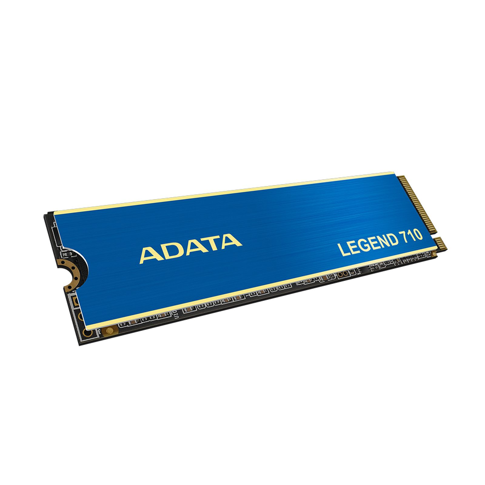 Niebieski dysk SSD ADATA Legend 710 M.2 na białym tle. Dysk ma złote akcenty i czarne obwody.