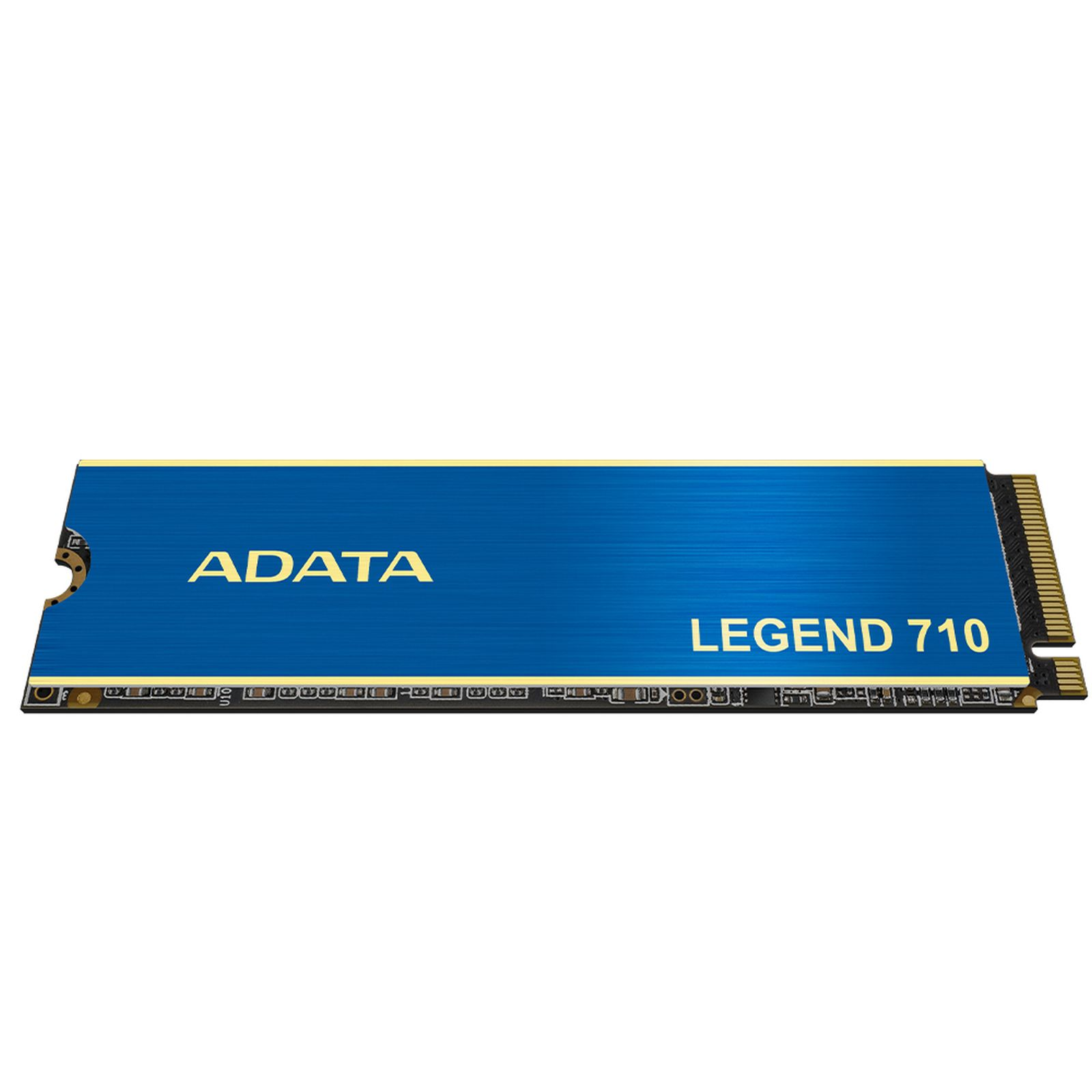 Niebieski dysk SSD ADATA LEGEND 710 na białym tle. Dysk SSD ma złoty tekst i złącza.