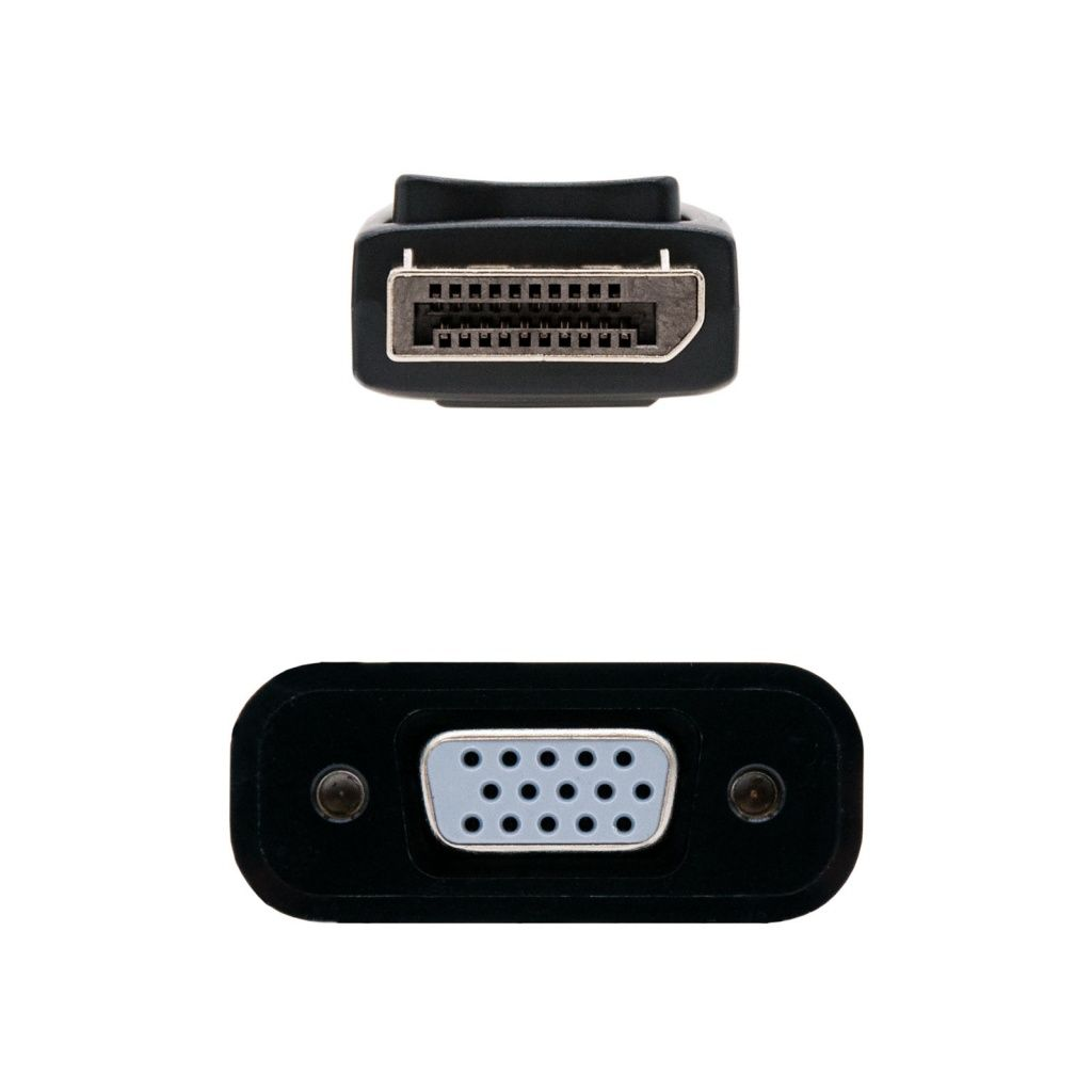 Dos conectores negros: DisplayPort (arriba) y VGA (abajo), ambos con puntos de contacto metálicos y fondo blanco.