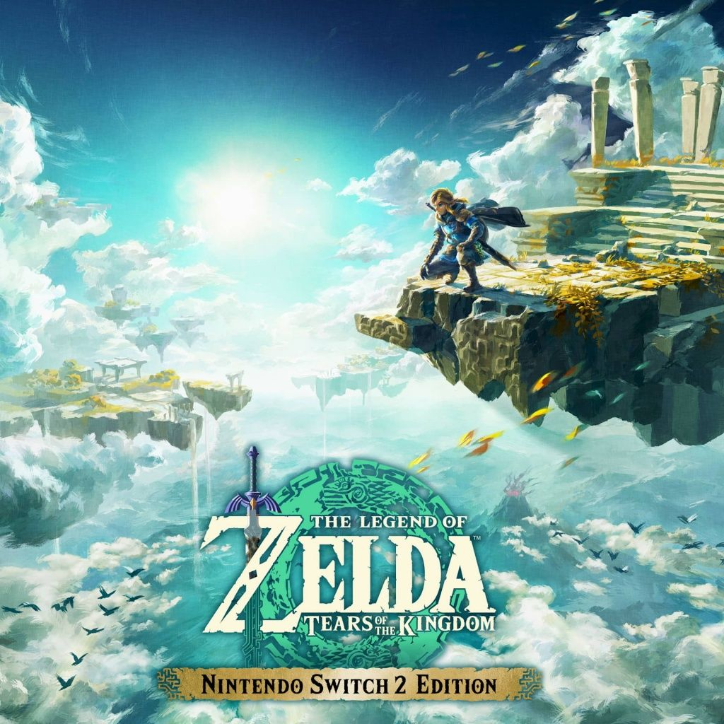 Postać stoi na klifie, patrząc na unoszące się wyspy. Wyświetlany jest tytuł 'The Legend of Zelda: Tears of the Kingdom'.