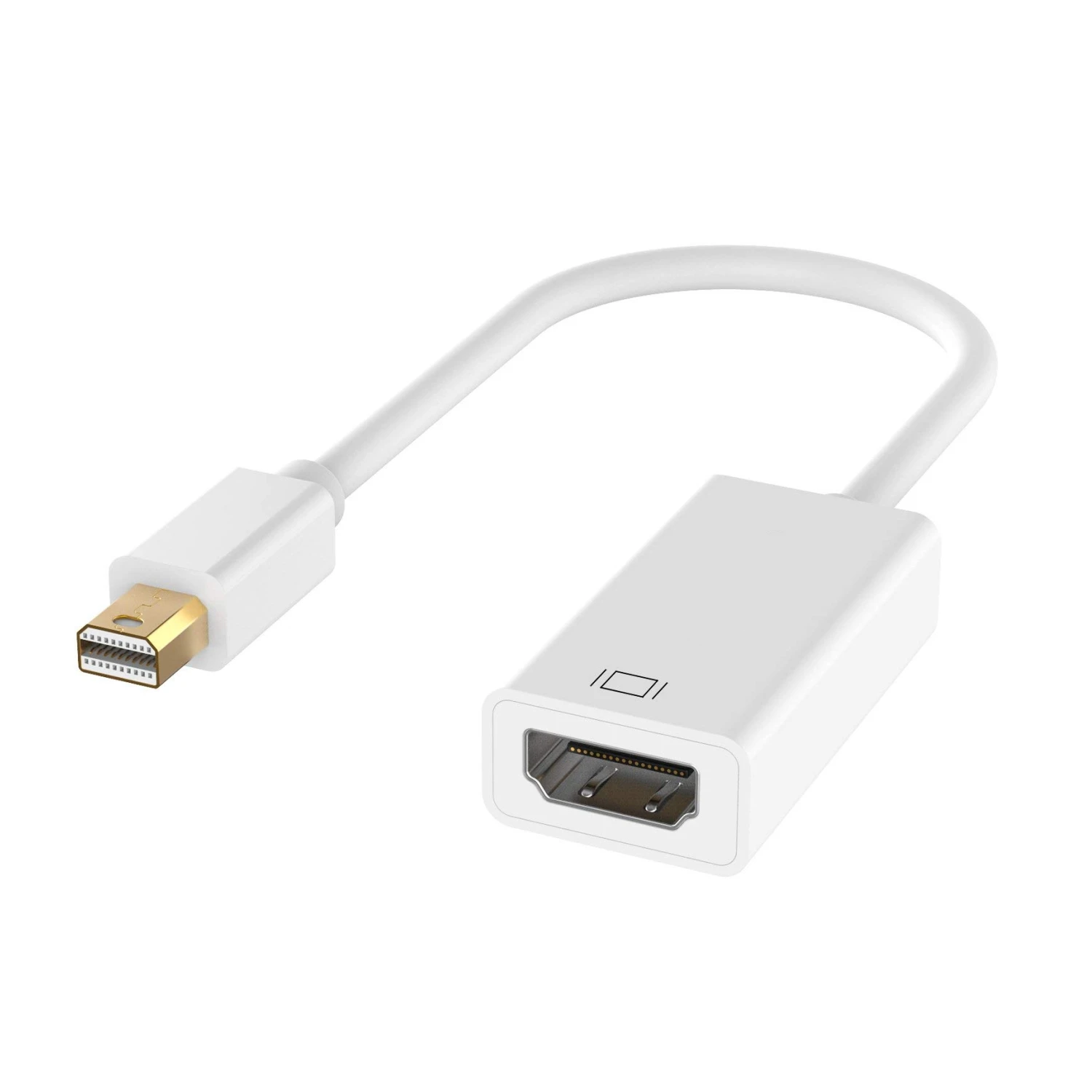 Un adaptador blanco de DisplayPort a HDMI. El conector DisplayPort es dorado, el conector HDMI es negro. El cable es blanco.