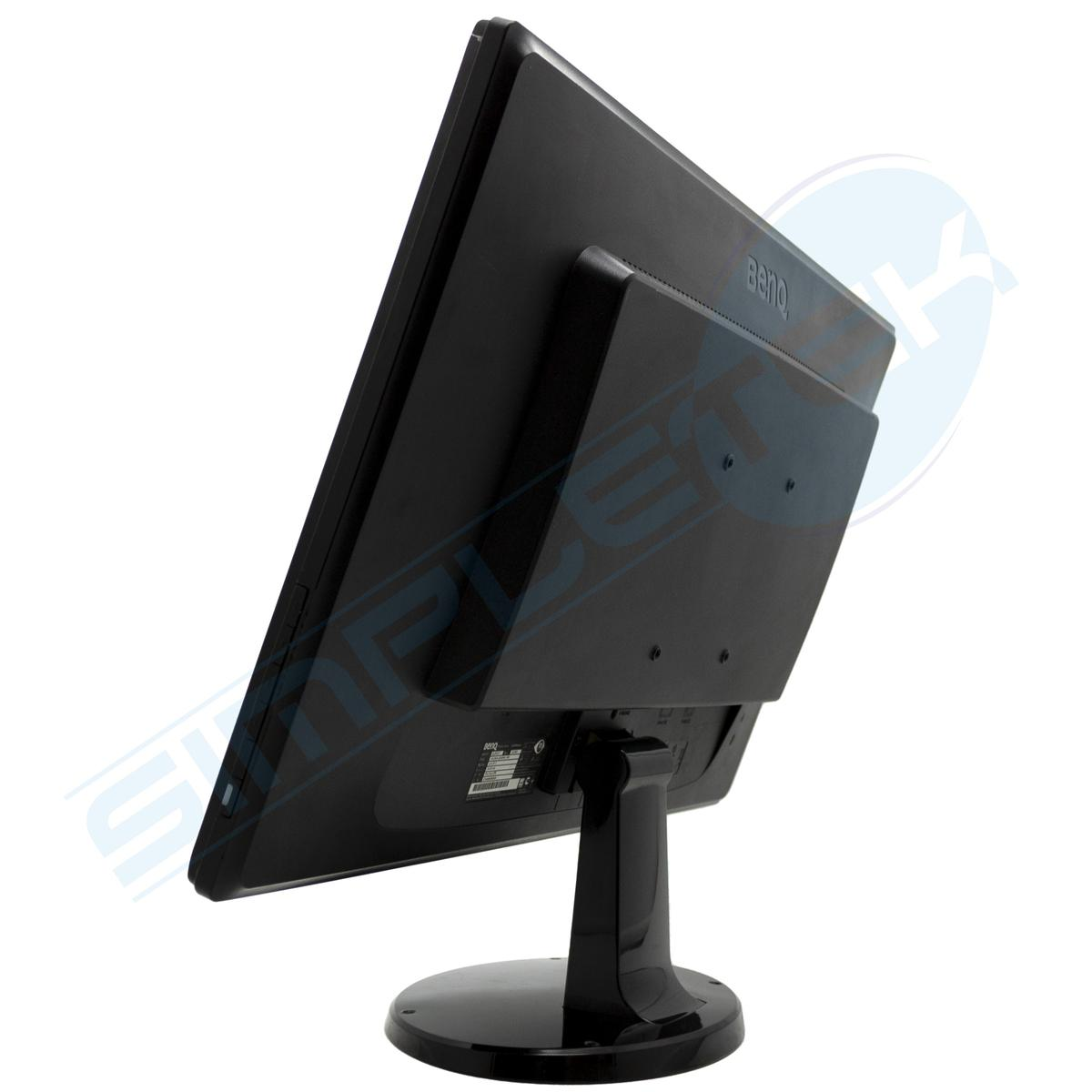 Un monitor BenQ nero, visto da dietro e di lato, è su un supporto nero. Il monitor è angolato.