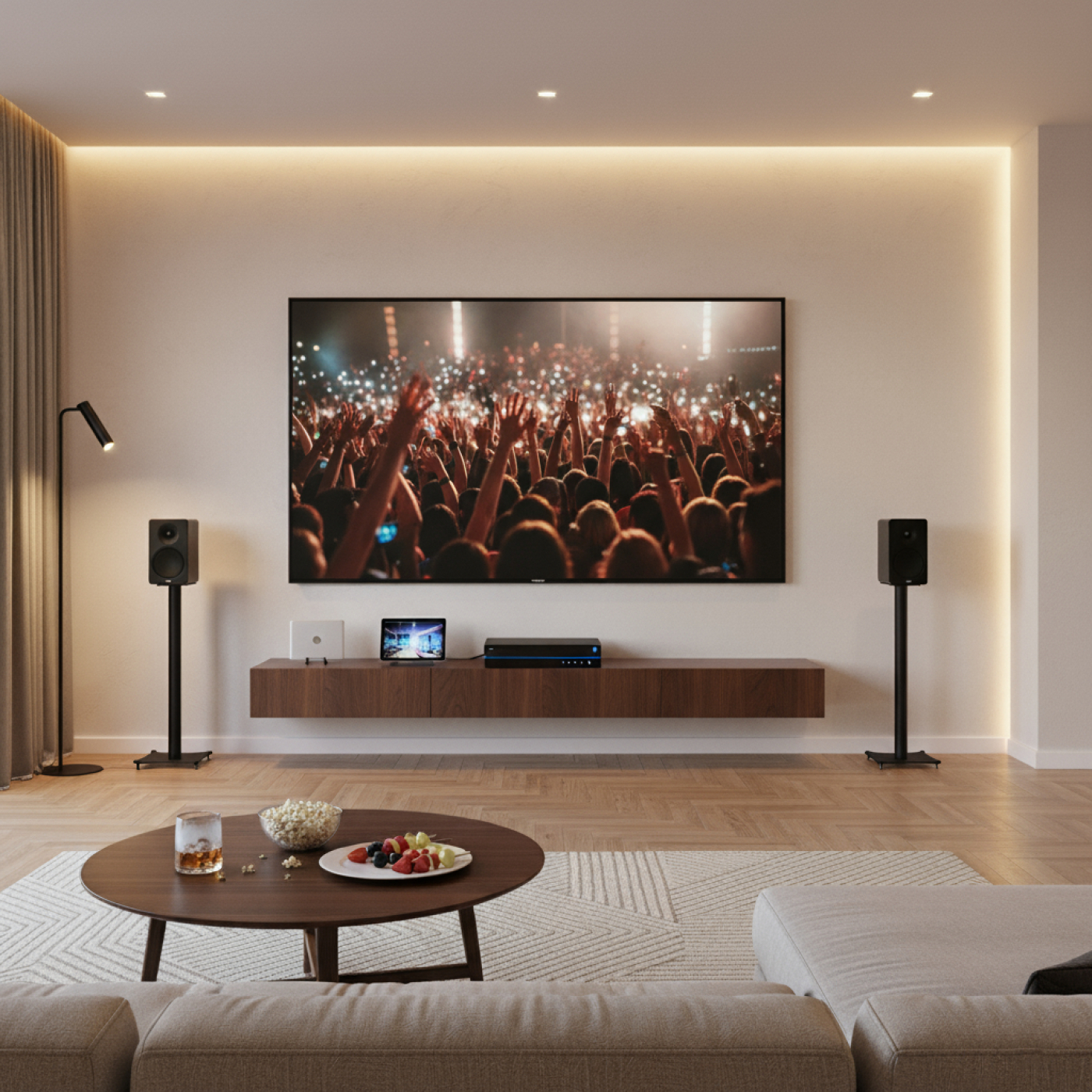 Living room with a large screen showing a concert, speakers, and a coffee table with snacks. Couch in the foreground.