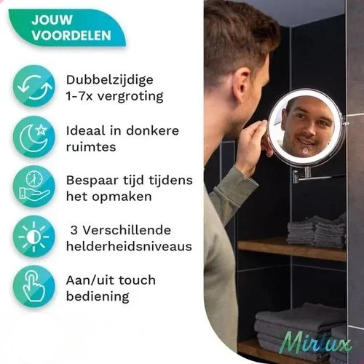Een man kijkt in een verlichte spiegel. Tekst beschrijft kenmerken: dubbele vergroting, ideaal voor donkere ruimtes, tijdbesparend, 3 helderheidsniveaus en aanraakbediening.