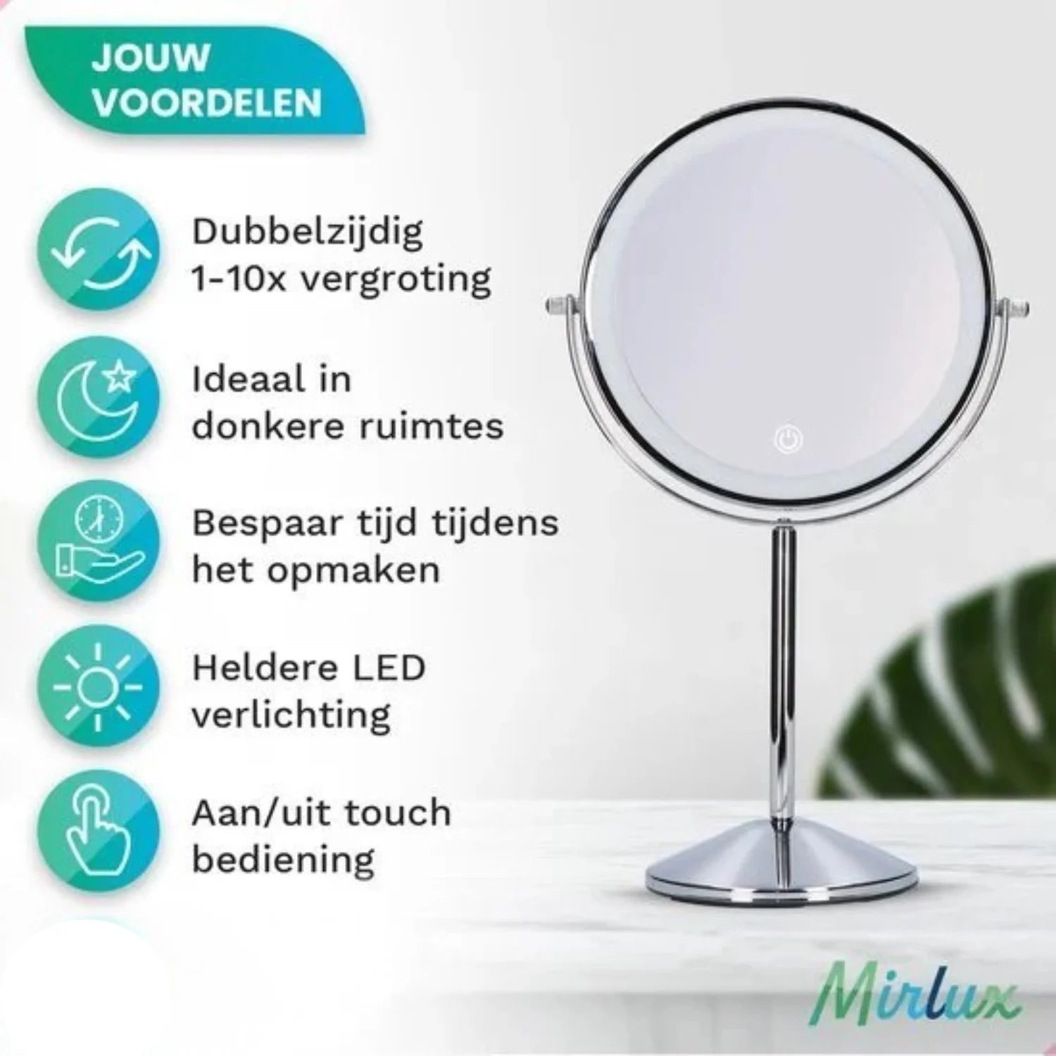 Een verchroomde make-upspiegel met LED-verlichting op een wit oppervlak. Tekst geeft functies zoals 1-10x vergroting en touchbediening.