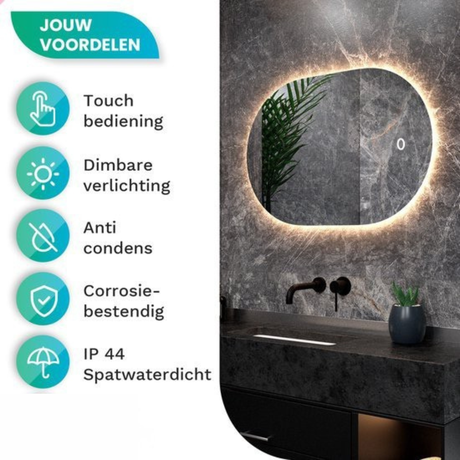 Een moderne badkamer met een verlichte ovale spiegel, een zwarte wastafel en een kleine plant in pot. Tekst benadrukt productkenmerken.