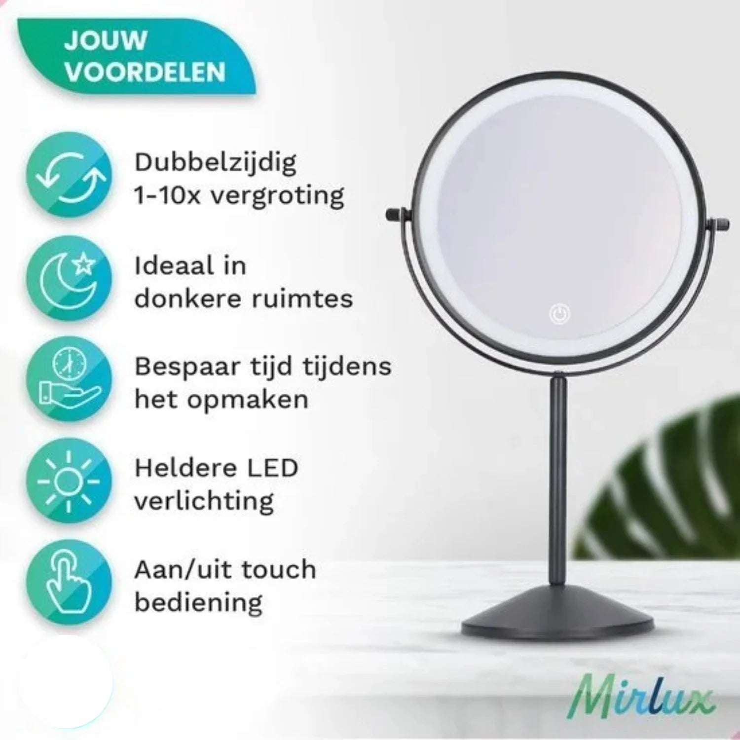 Een zwart-witte make-upspiegel met LED-verlichting wordt getoond. De spiegel heeft een ronde vorm. Tekst benadrukt kenmerken.