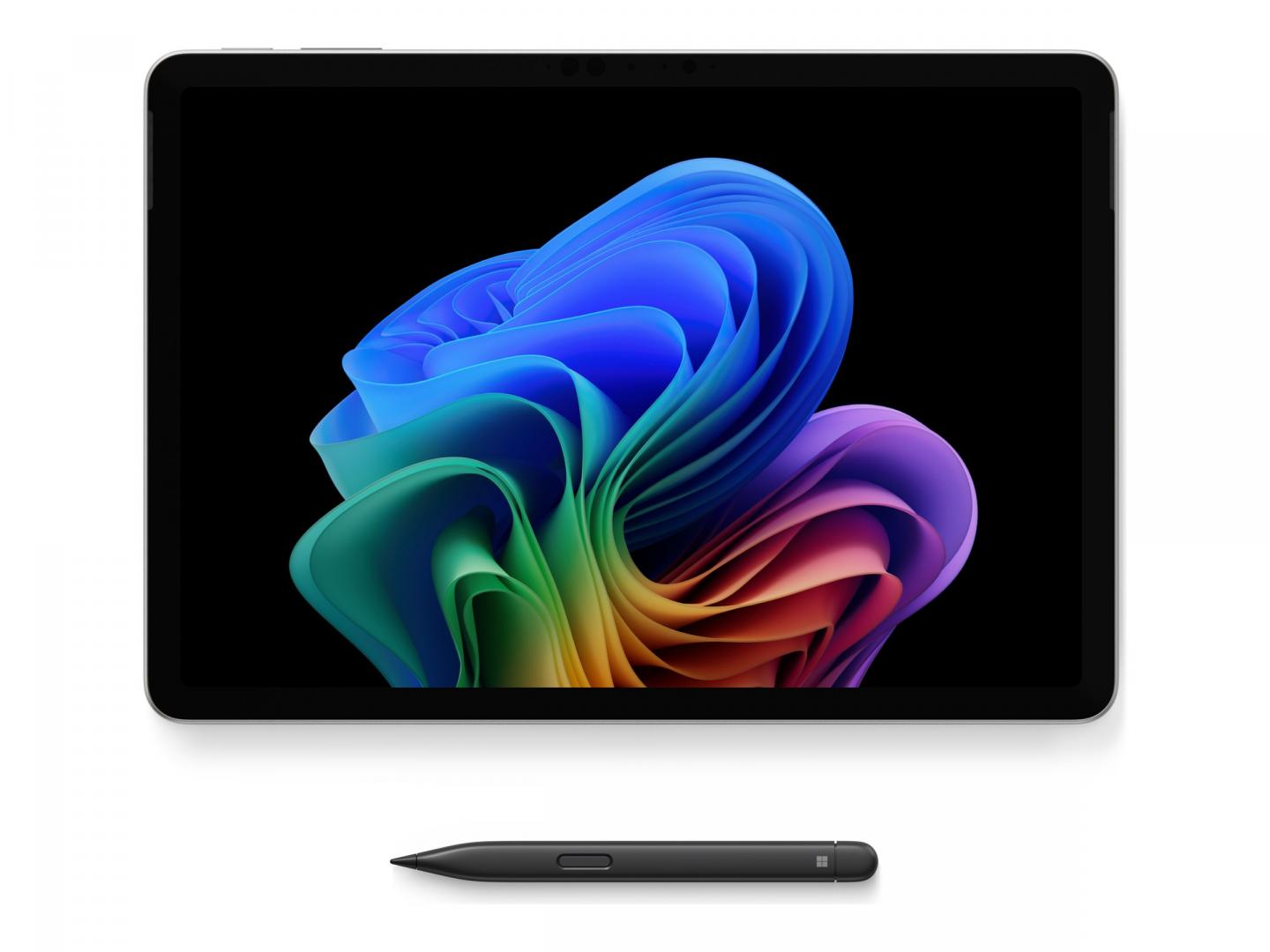 Tablet con fiore astratto colorato sullo schermo, stilo nero sotto. Sfondo bianco. Il tablet è nero e argento.