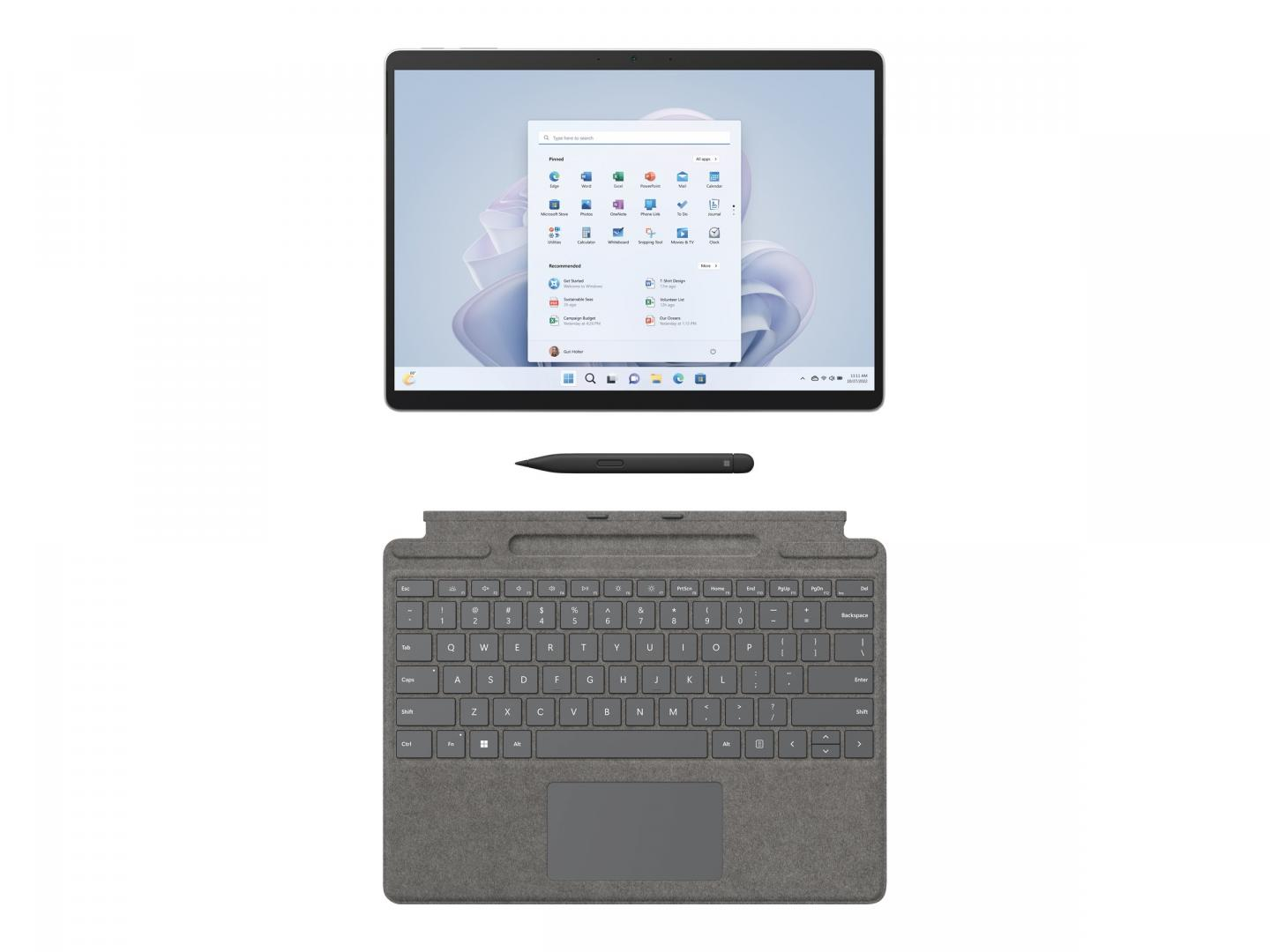 Un tablet con tastiera e stilo. Il tablet mostra il menu Start di Windows. La tastiera è grigia.