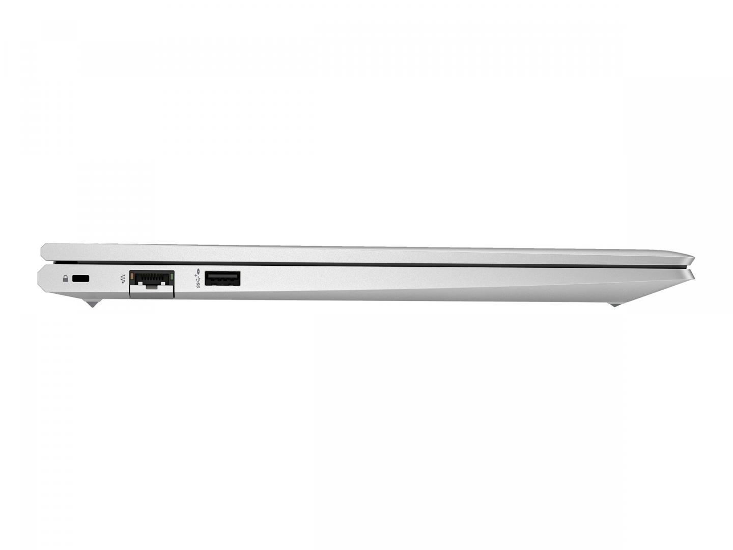 Seitenansicht eines silbernen Laptops. Sichtbare Anschlüsse sind ein Sicherheitsschloss, Ethernet und USB. Der Laptop steht auf weißem Hintergrund.