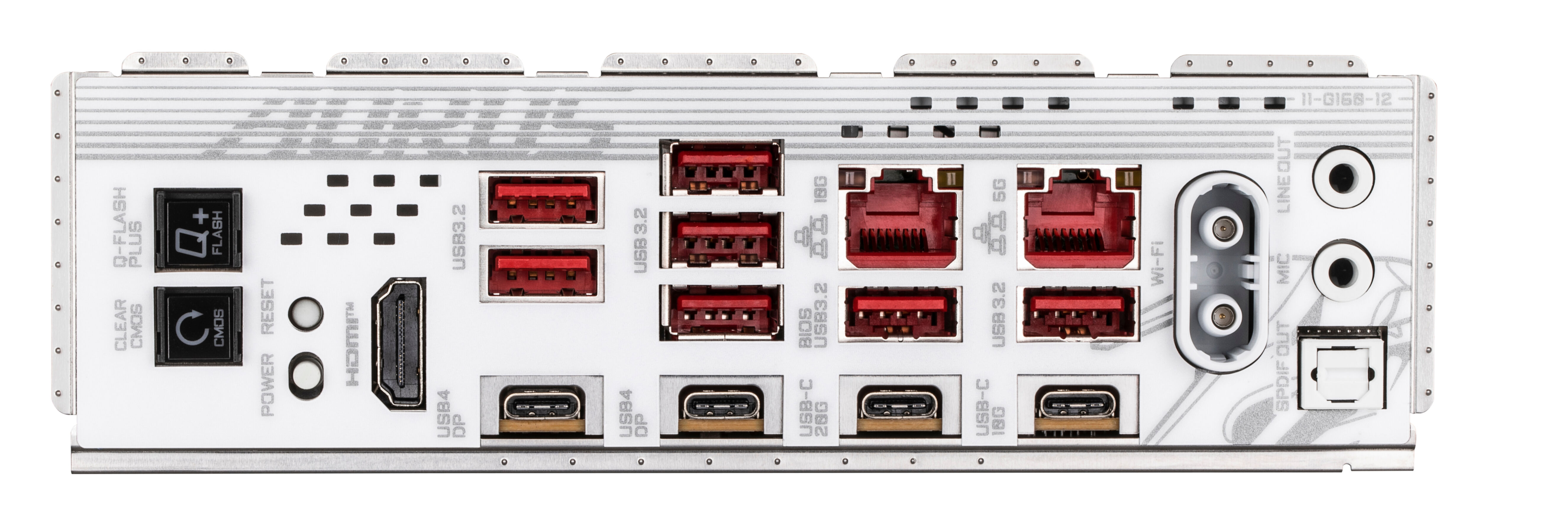 Achterpaneel van een computercomponent met verschillende poorten, waaronder USB, HDMI en audio, in wit en zilver.