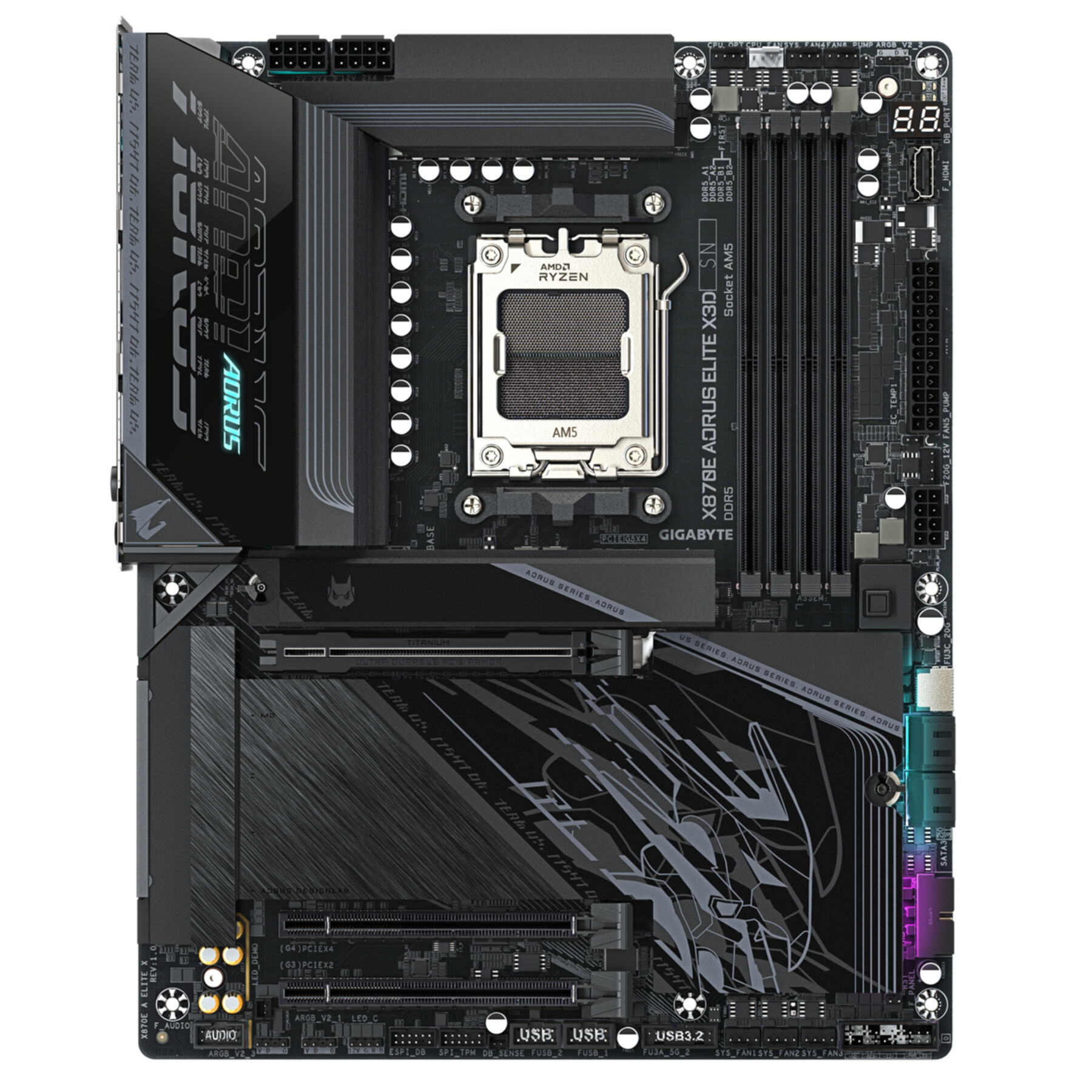 Une carte mère d'ordinateur noire et grise. Elle porte les marques AMD Ryzen et AORUS. Elle comporte plusieurs emplacements et ports.