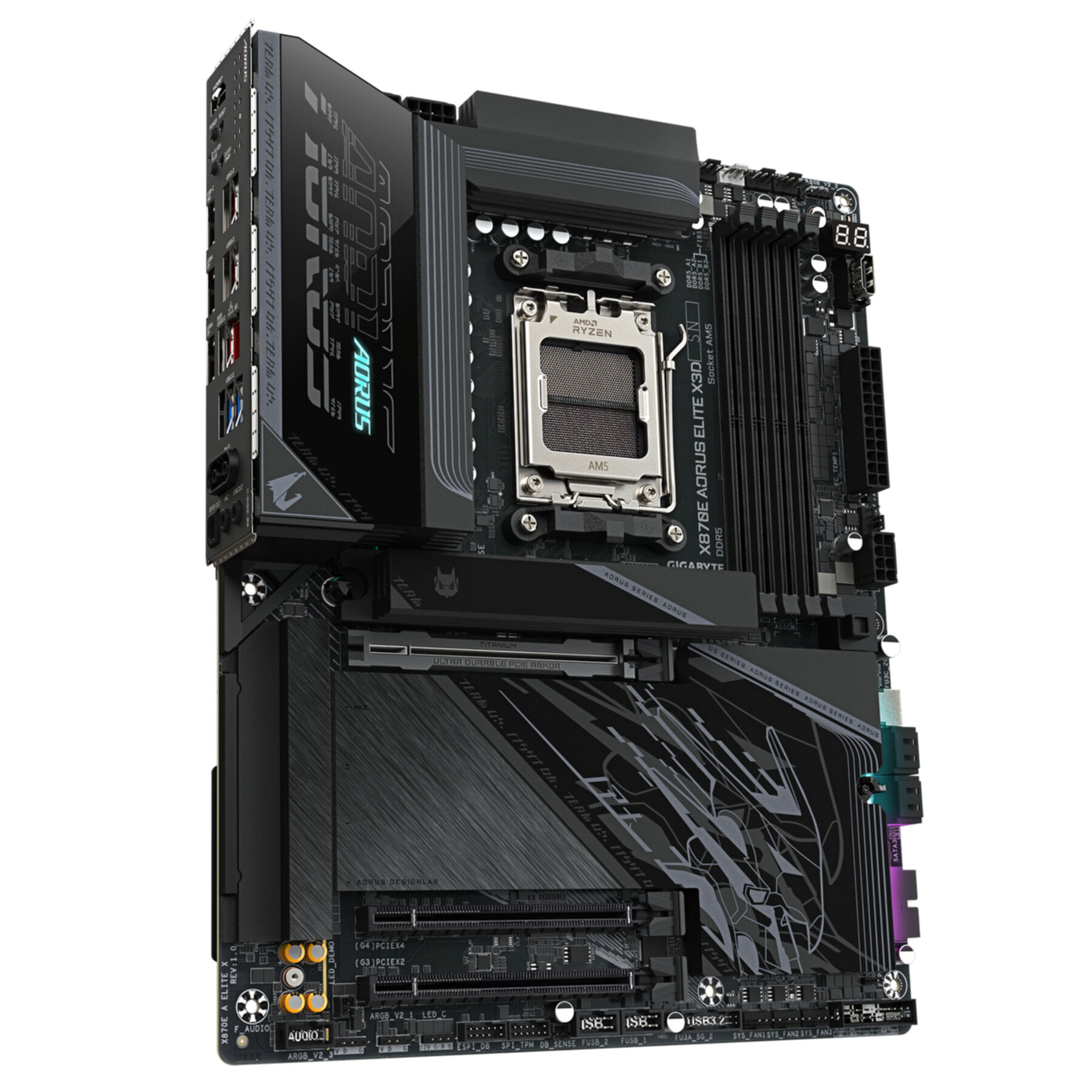 Une carte mère d'ordinateur noire et grise avec plusieurs composants et le logo AORUS.