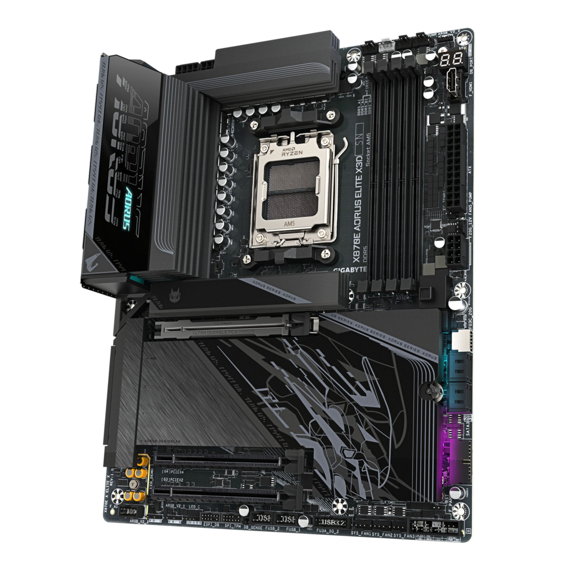 Une carte mère d'ordinateur noire et grise avec le logo AORUS, divers ports et socket AMD Ryzen.