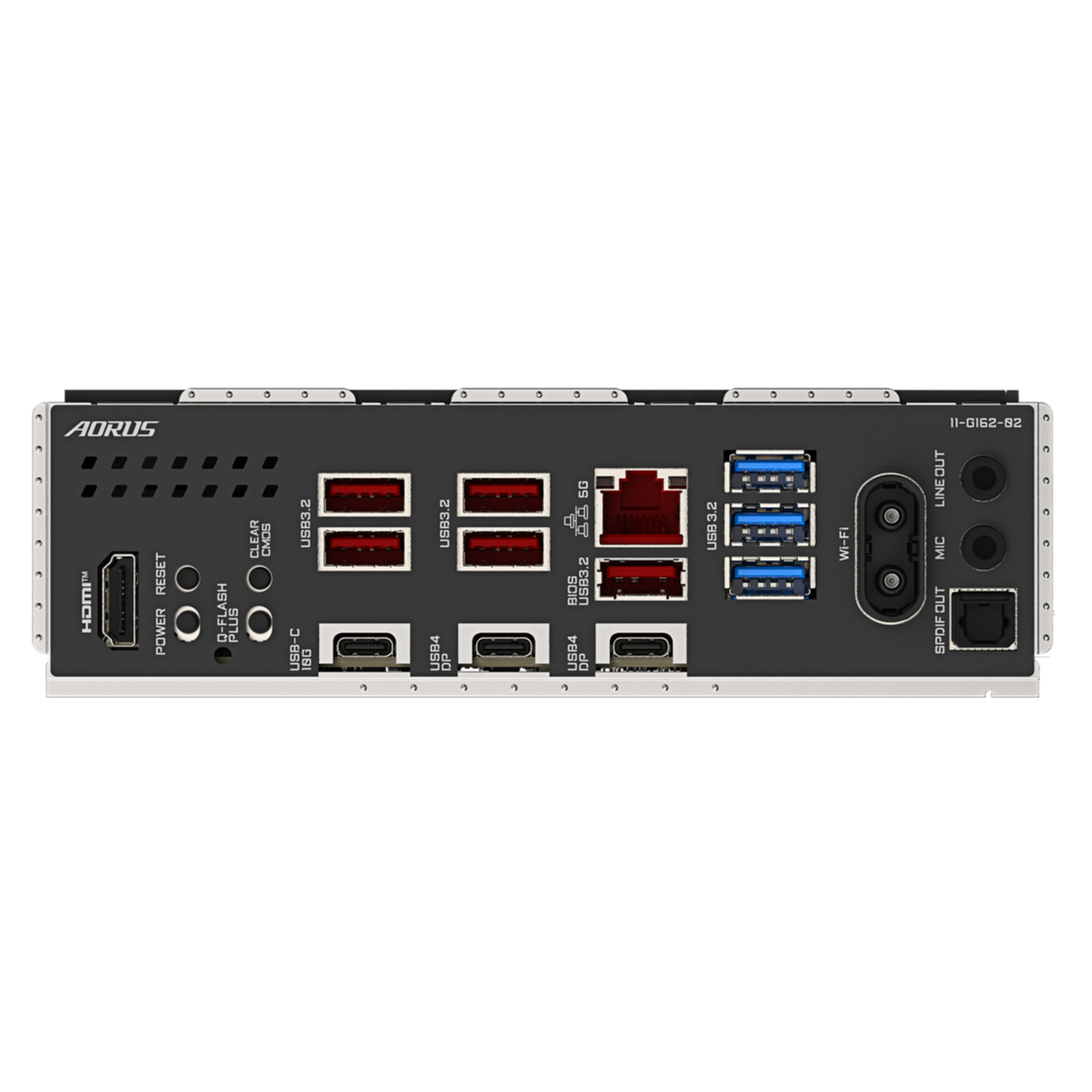 Une carte mère noire avec divers ports, dont HDMI, USB et prises audio. Le logo AORUS est visible.