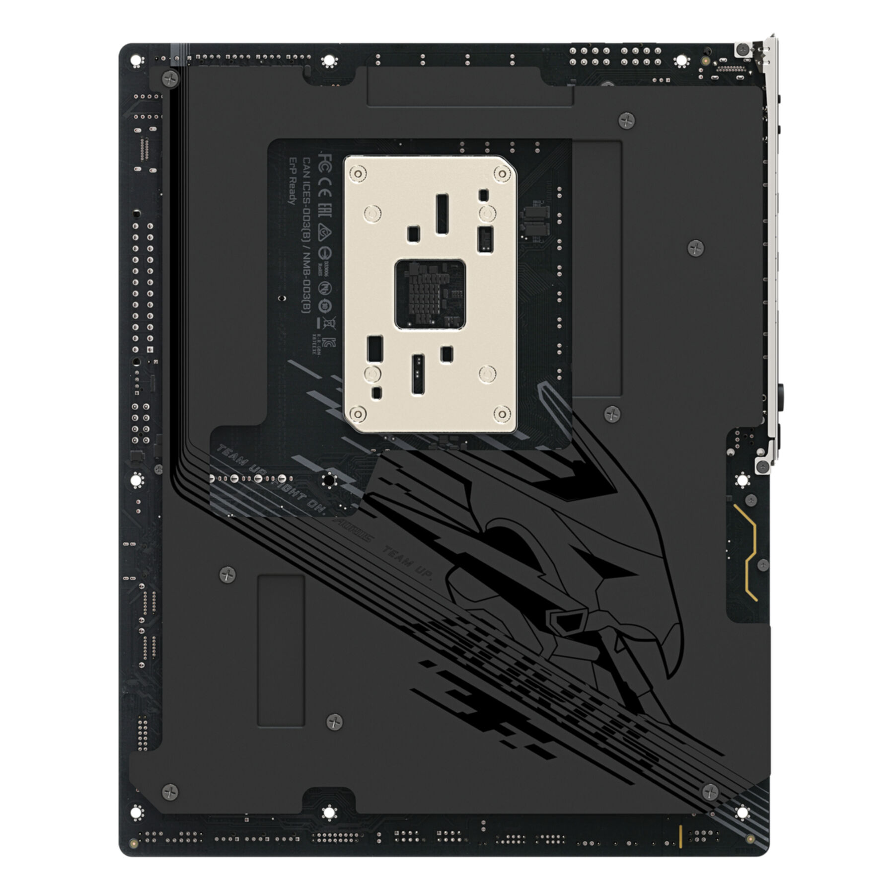 Face arrière d'une carte mère noire avec un socket CPU, divers ports et le logo AORUS.